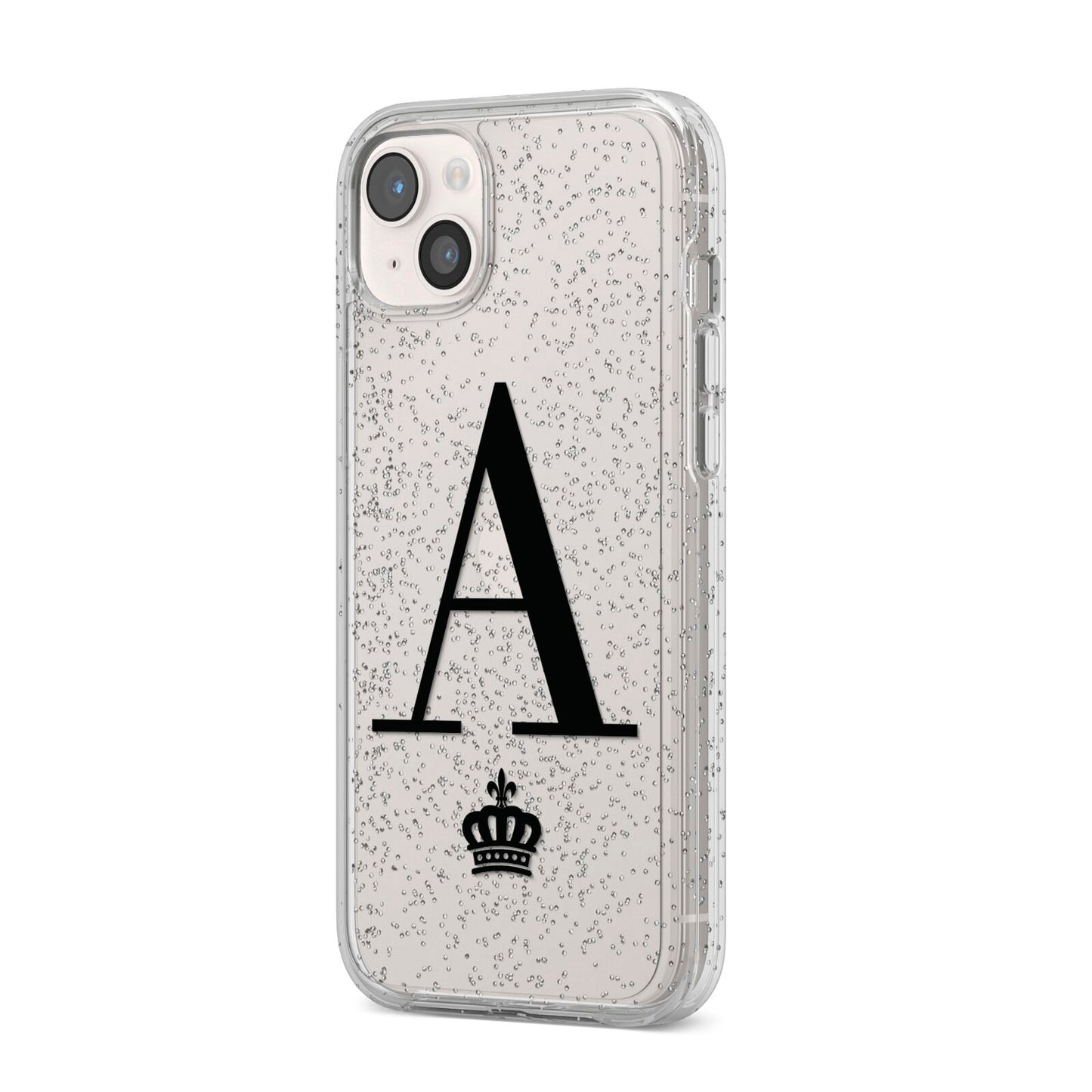 Personalised Black Initial Crown Clear iPhone 14 Plus Glitter Tough Case Starlight Angled Image