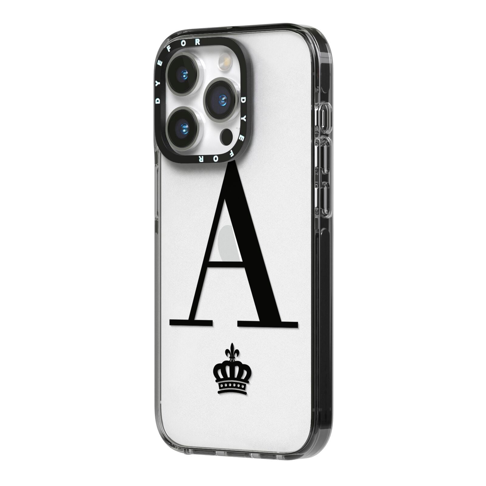 Personalised Black Initial Crown Clear iPhone 14 Pro Black Impact Case Side Angle on Silver phone