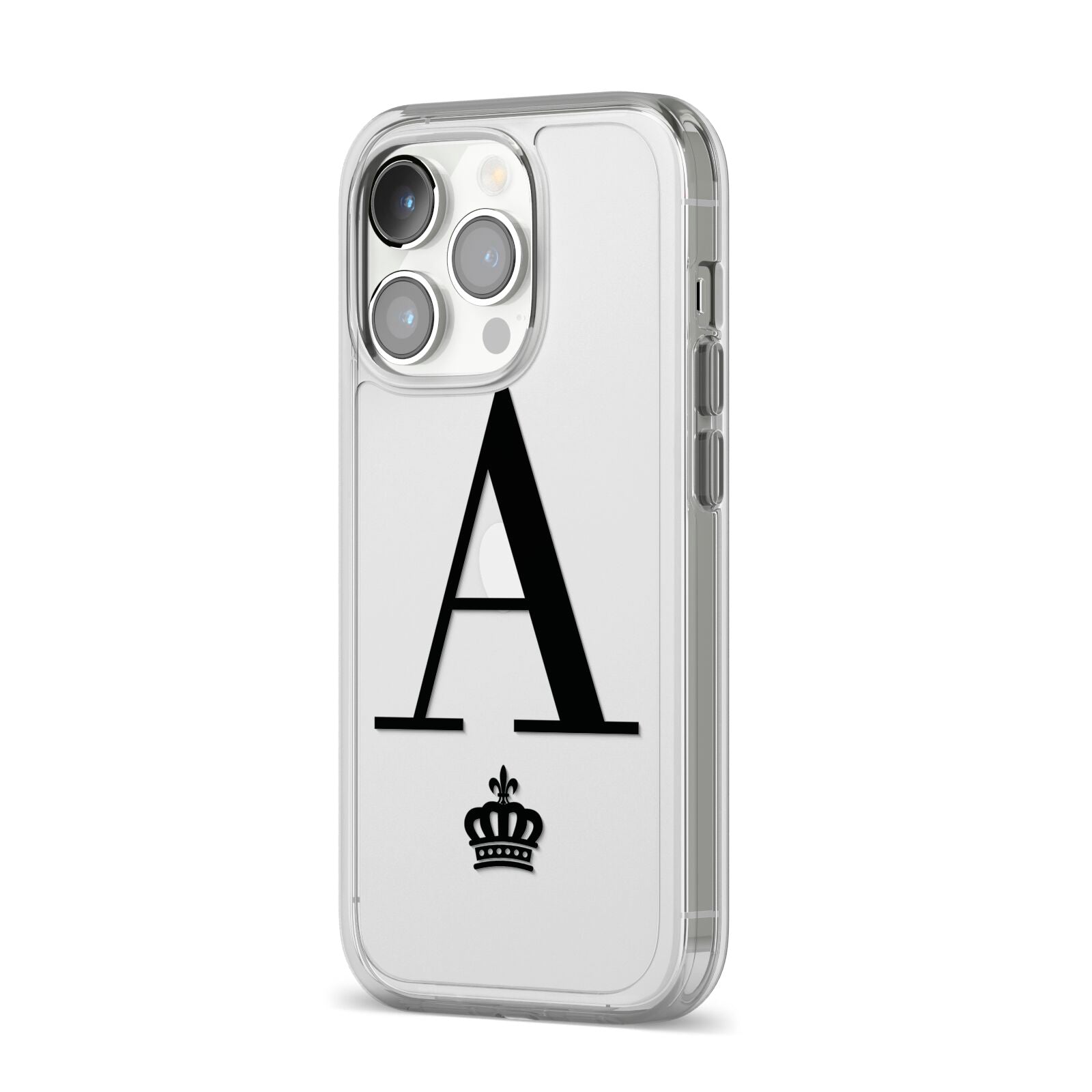 Personalised Black Initial Crown Clear iPhone 14 Pro Clear Tough Case Silver Angled Image