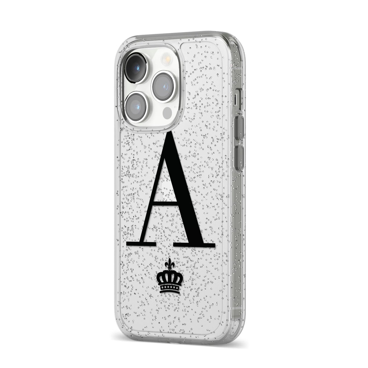 Personalised Black Initial Crown Clear iPhone 14 Pro Glitter Tough Case Silver Angled Image