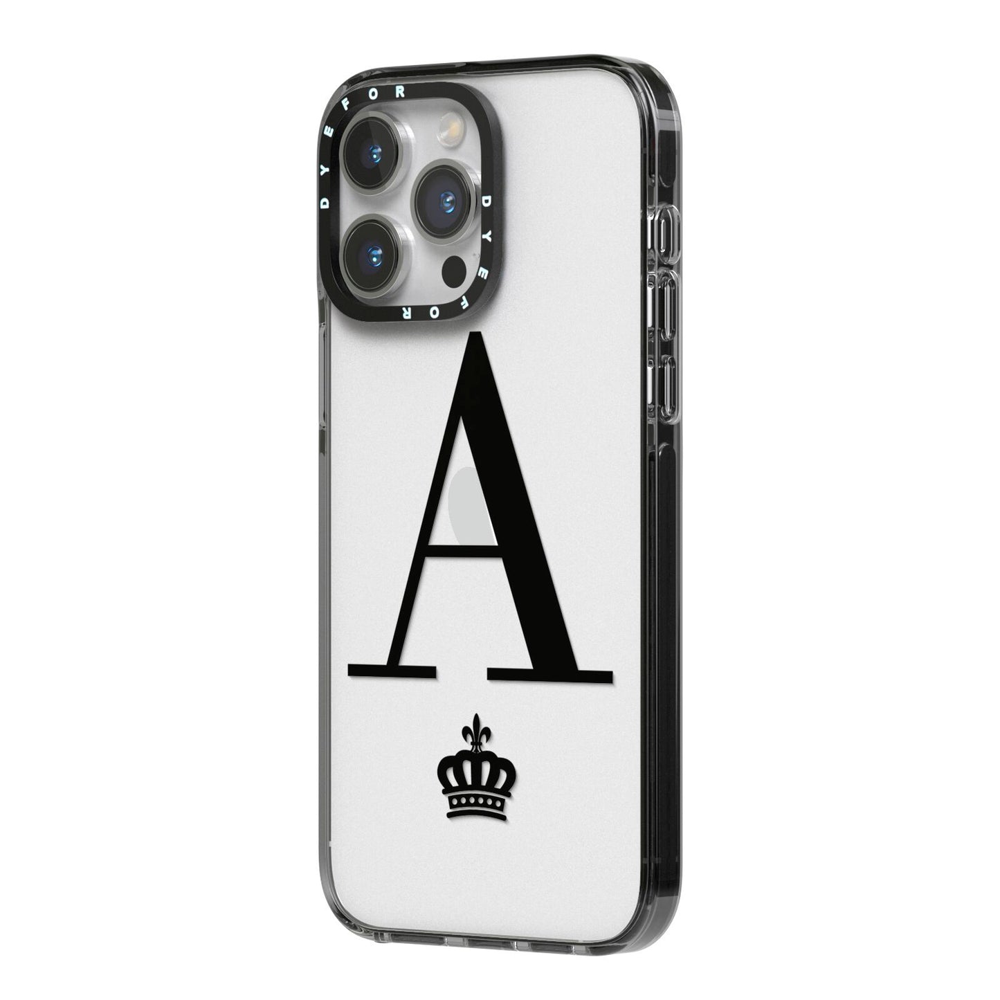 Personalised Black Initial Crown Clear iPhone 14 Pro Max Black Impact Case Side Angle on Silver phone