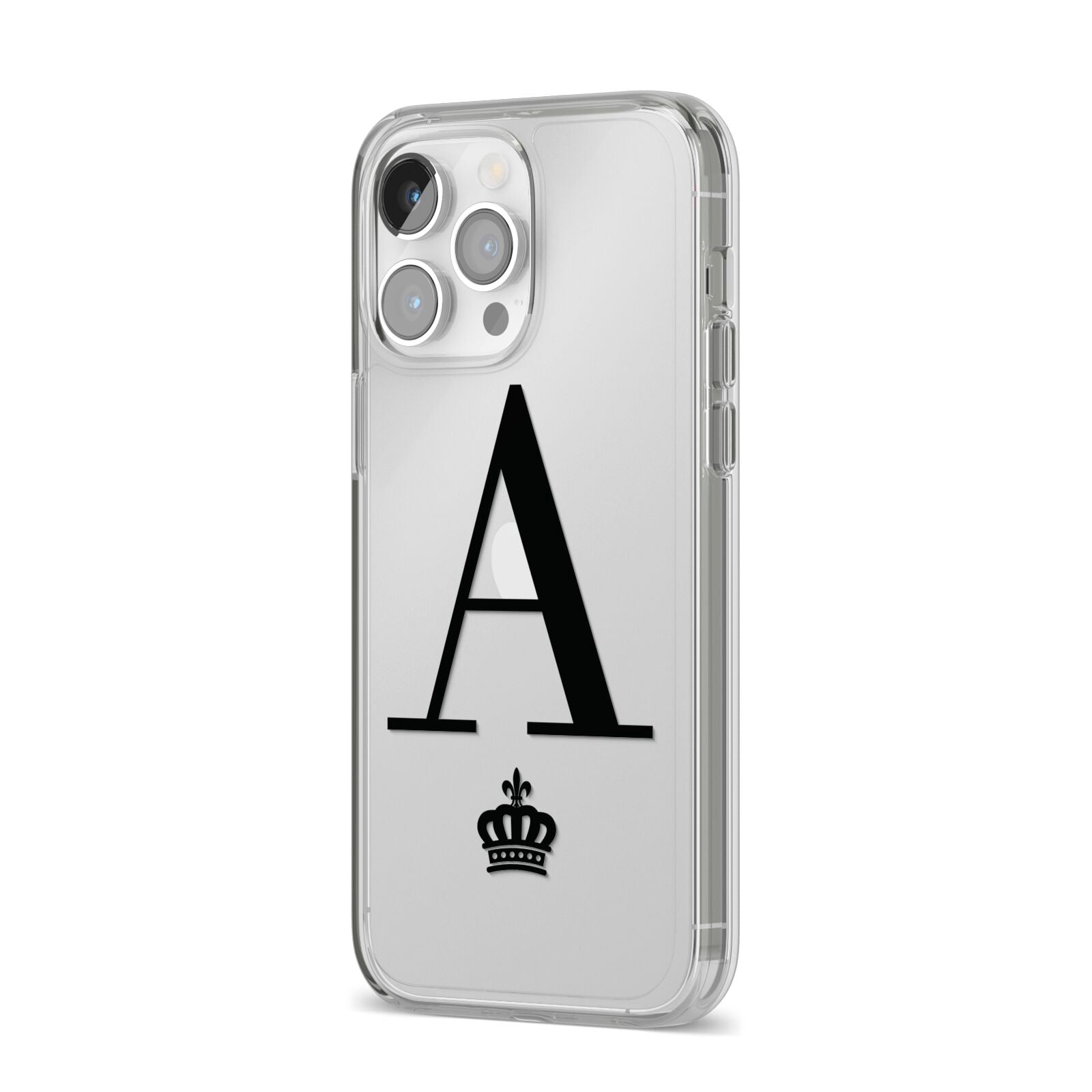 Personalised Black Initial Crown Clear iPhone 14 Pro Max Clear Tough Case Silver Angled Image