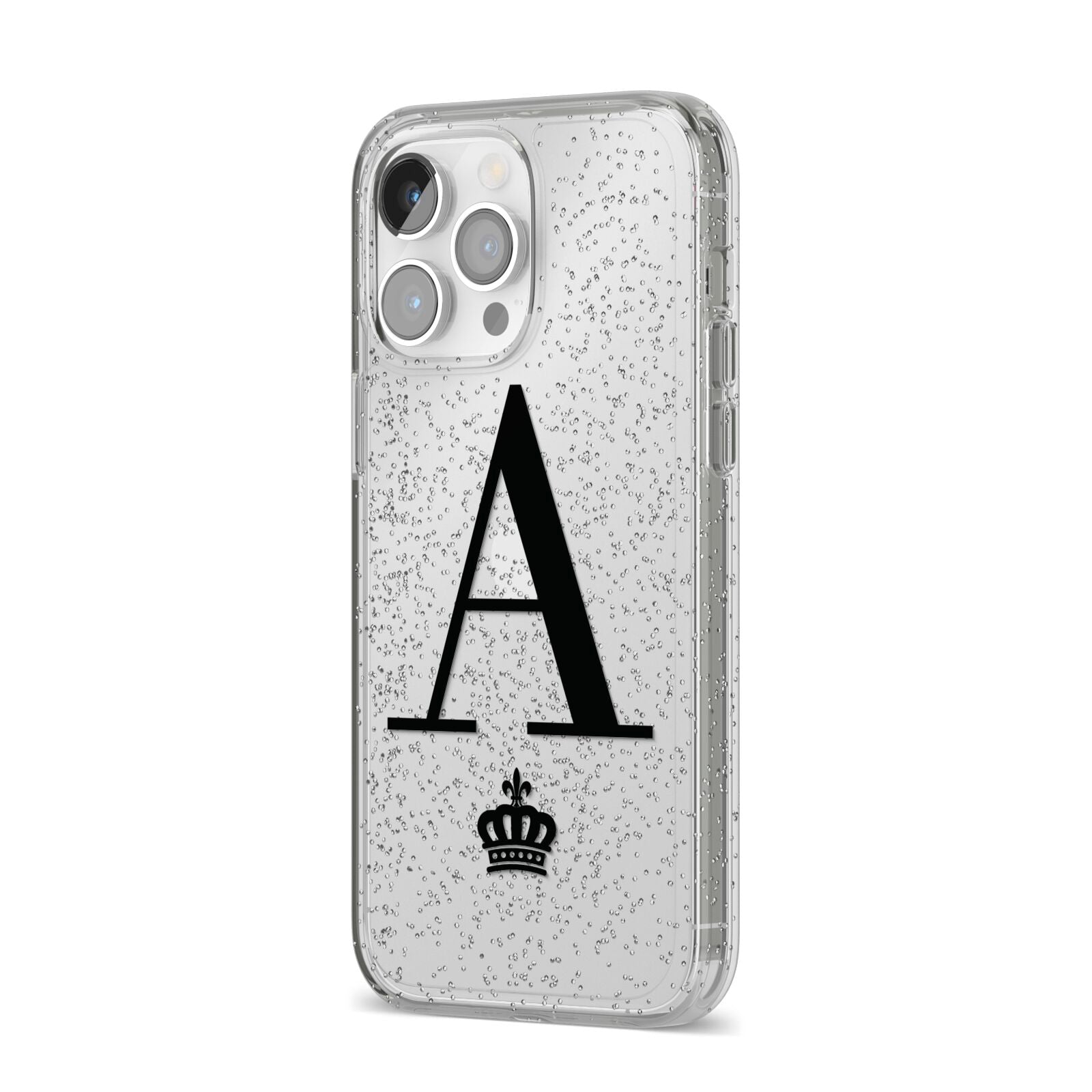 Personalised Black Initial Crown Clear iPhone 14 Pro Max Glitter Tough Case Silver Angled Image