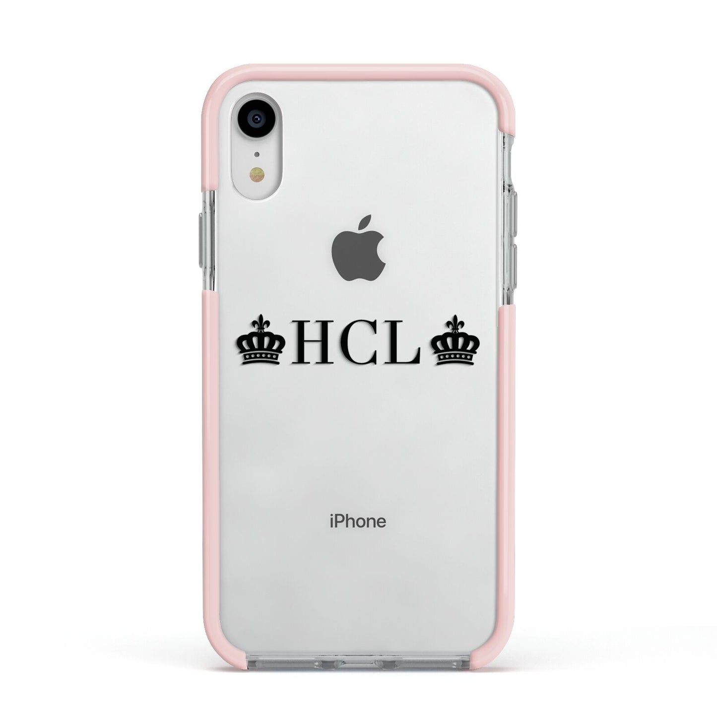 Personalised Black Initials 2 Crowns Clear Apple iPhone XR Impact Case Pink Edge on Silver Phone