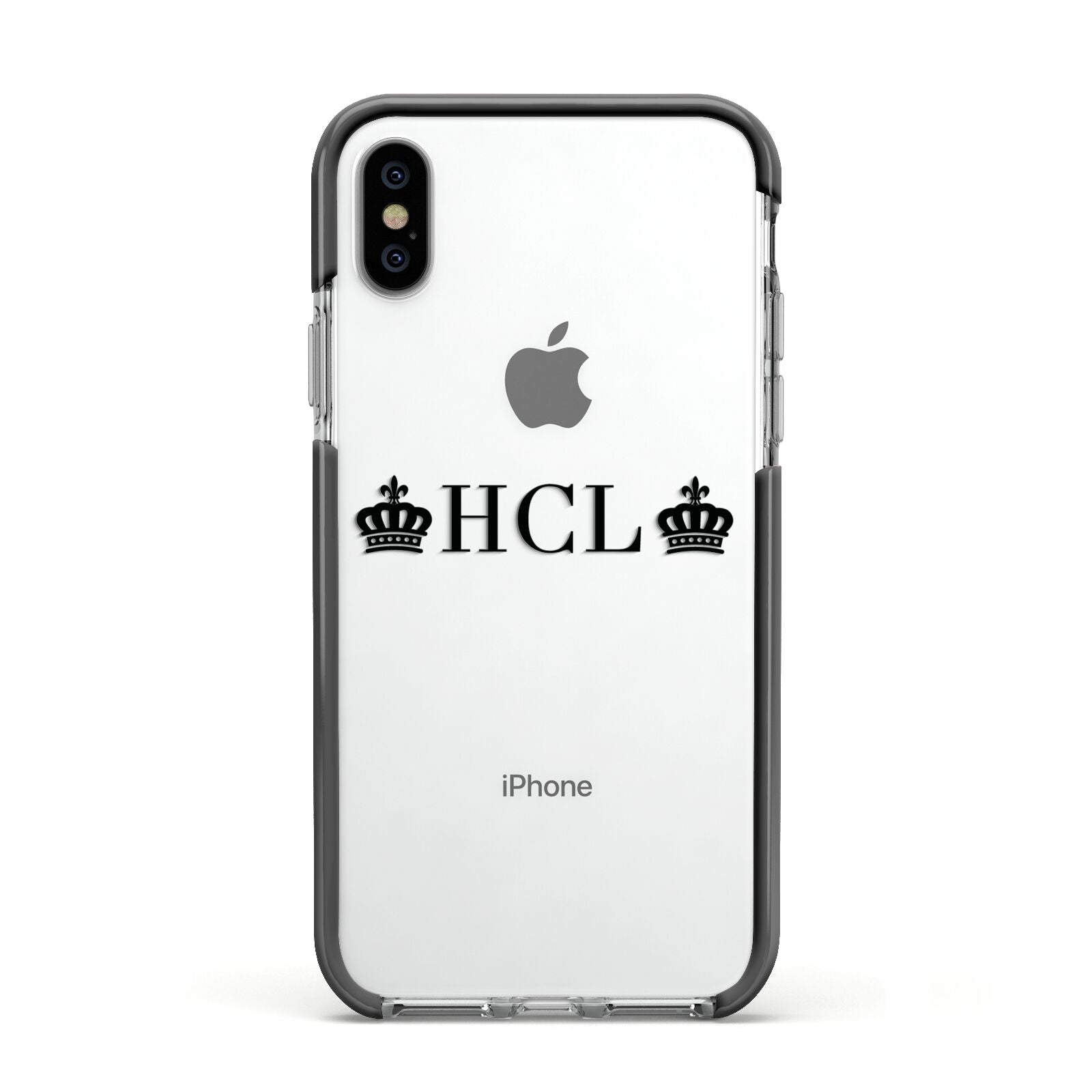 Personalised Black Initials 2 Crowns Clear Apple iPhone Xs Impact Case Black Edge on Silver Phone