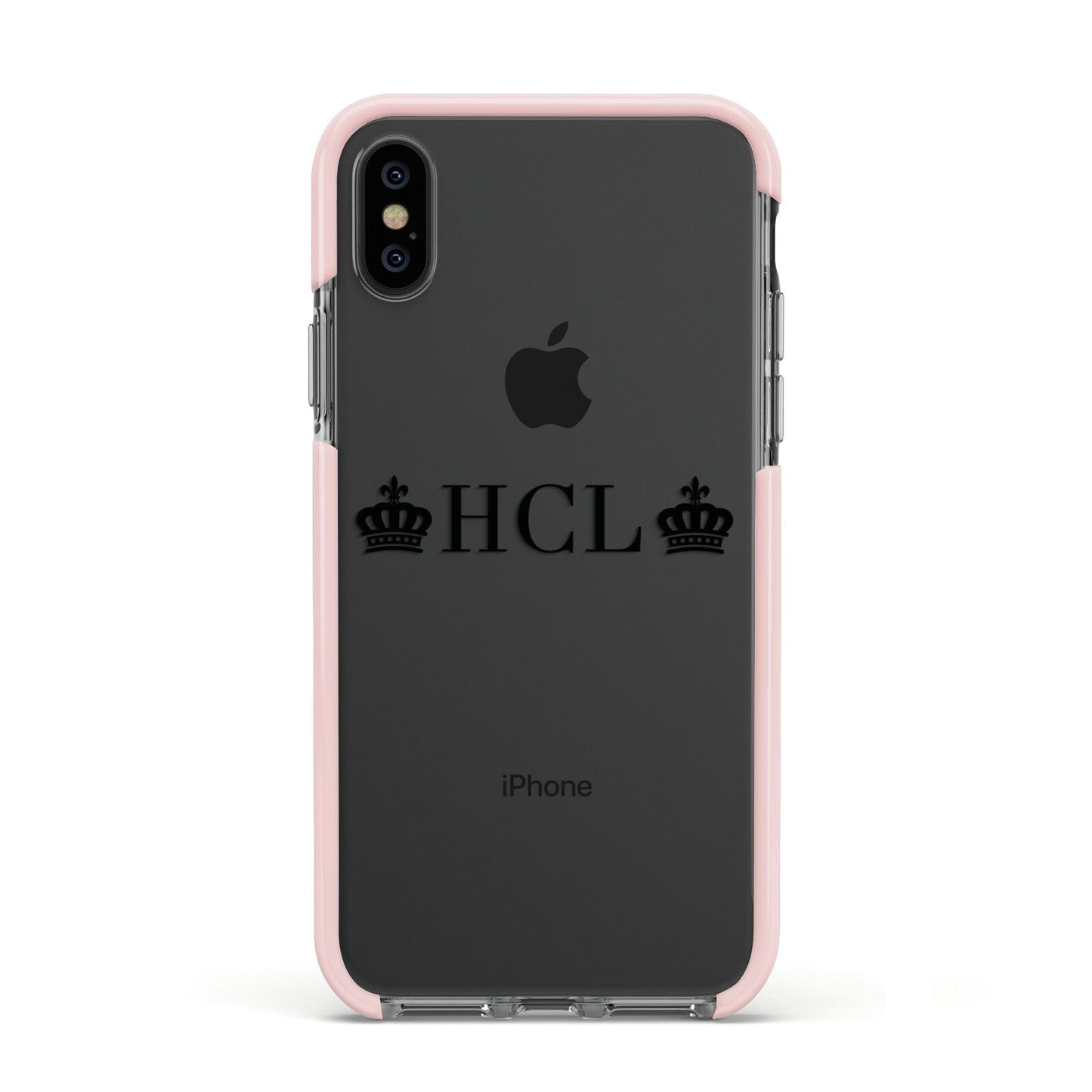 Personalised Black Initials 2 Crowns Clear Apple iPhone Xs Impact Case Pink Edge on Black Phone