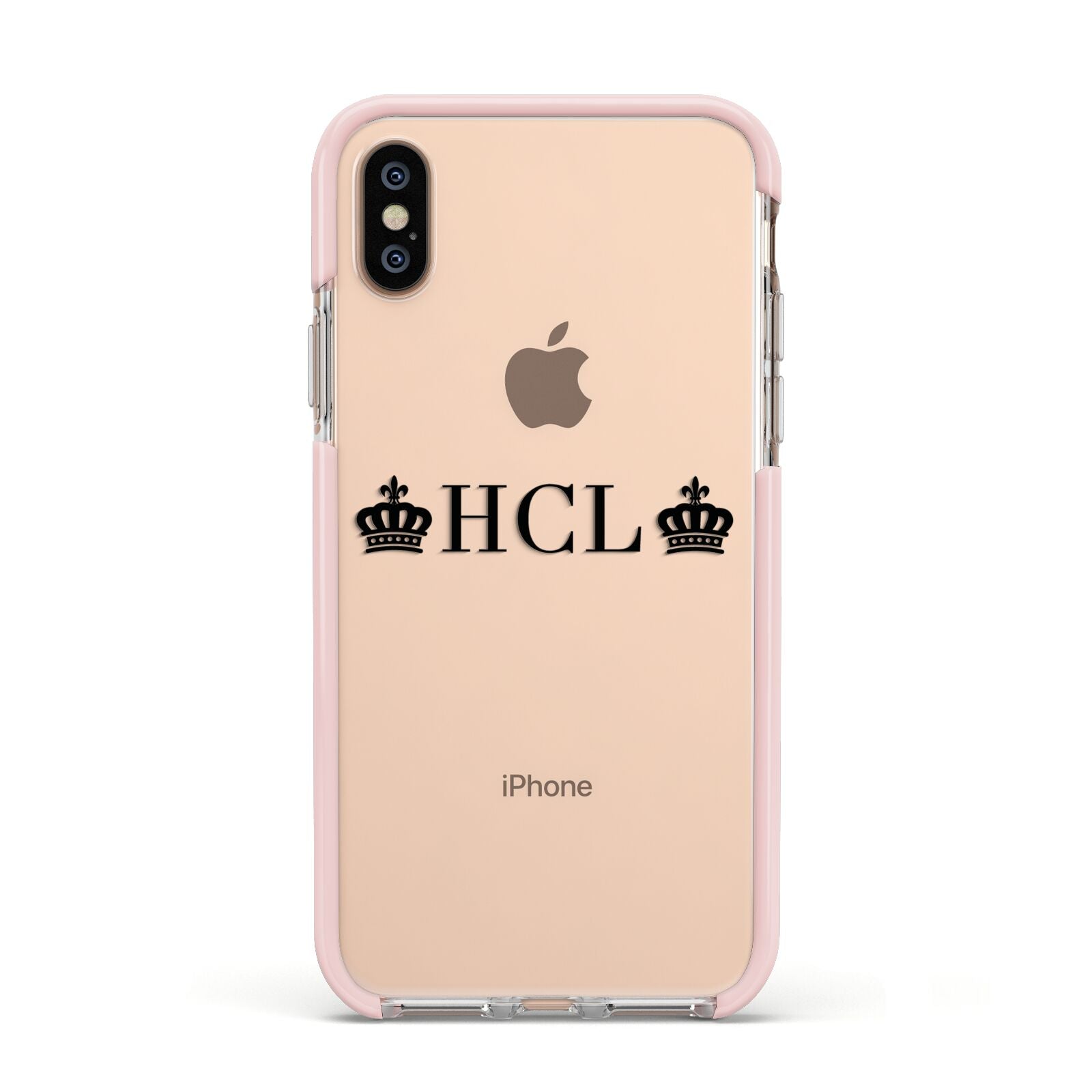 Personalised Black Initials 2 Crowns Clear Apple iPhone Xs Impact Case Pink Edge on Gold Phone