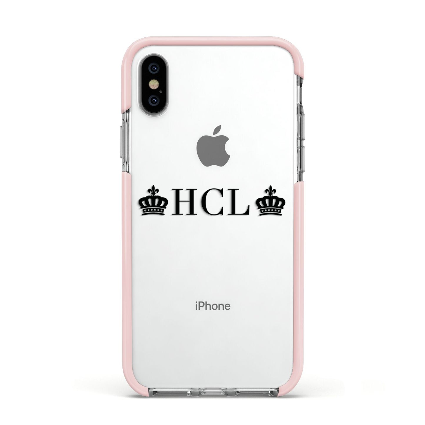 Personalised Black Initials 2 Crowns Clear Apple iPhone Xs Impact Case Pink Edge on Silver Phone