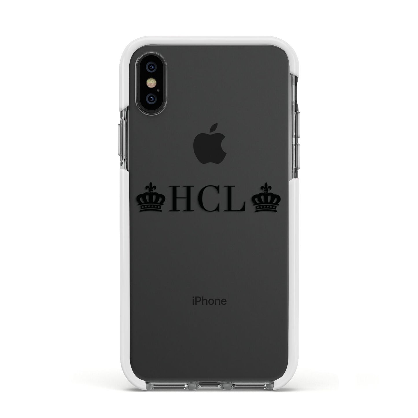 Personalised Black Initials 2 Crowns Clear Apple iPhone Xs Impact Case White Edge on Black Phone