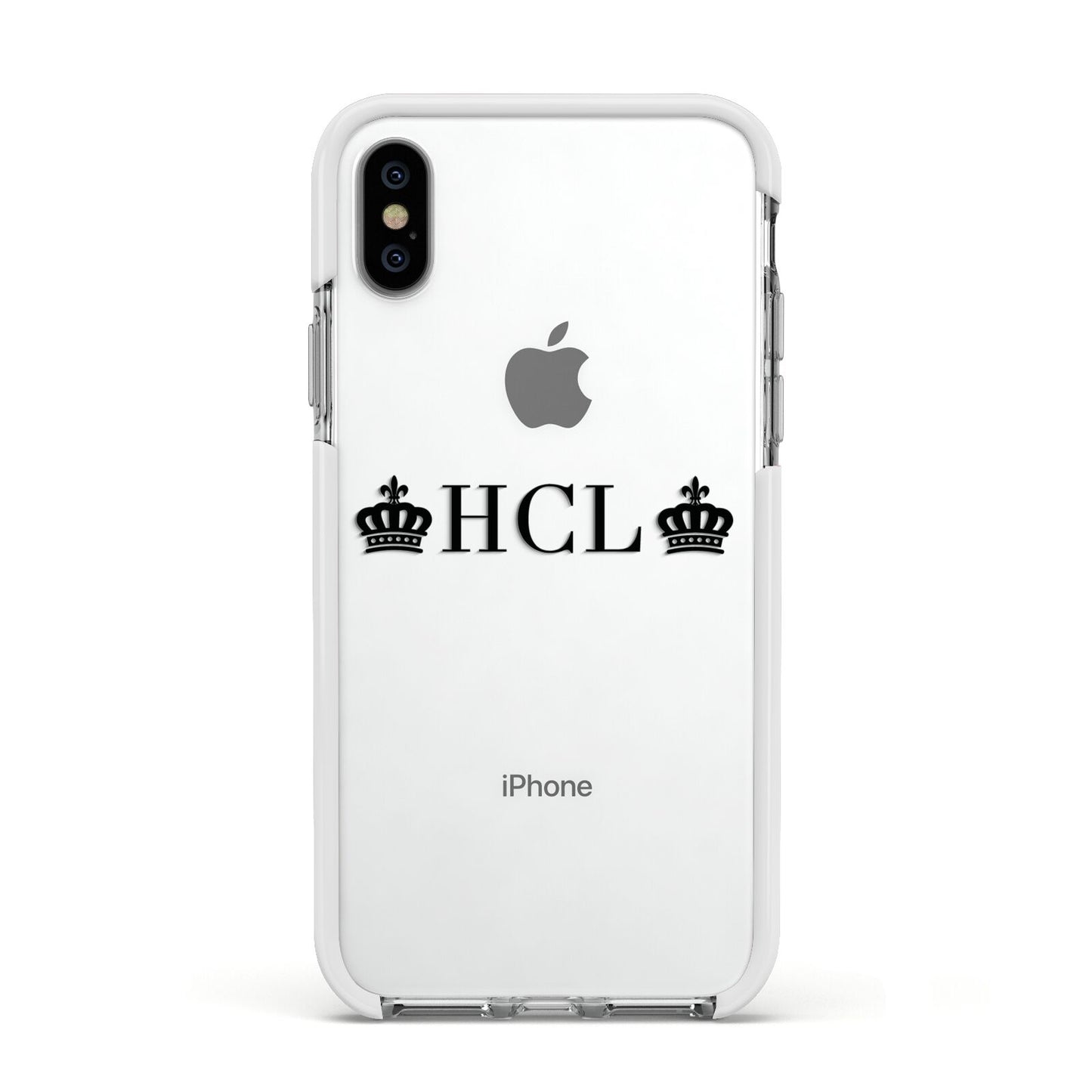 Personalised Black Initials 2 Crowns Clear Apple iPhone Xs Impact Case White Edge on Silver Phone