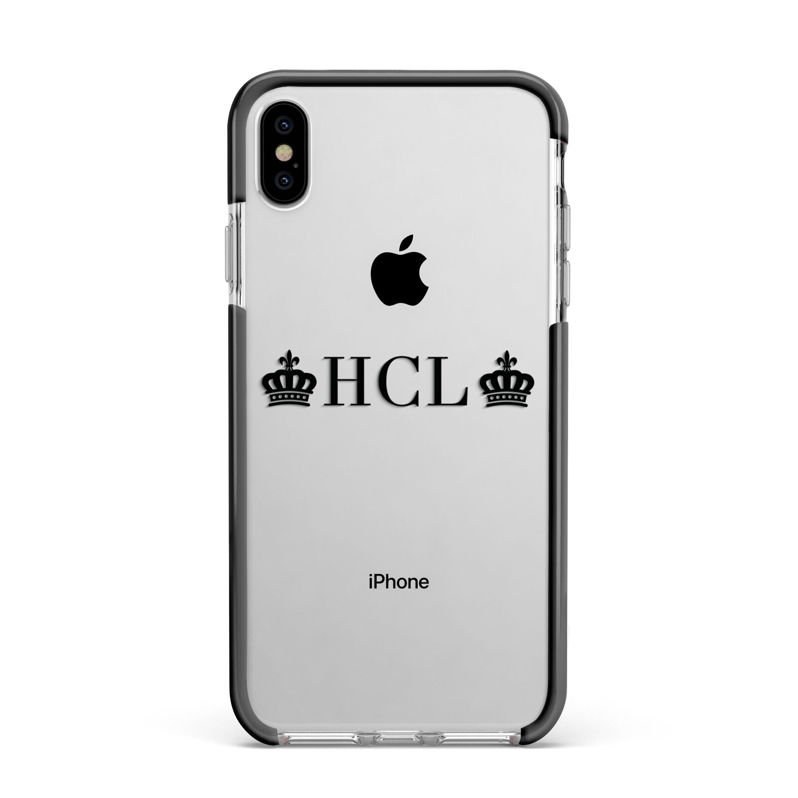 Personalised Black Initials 2 Crowns Clear Apple iPhone Xs Max Impact Case Black Edge on Silver Phone