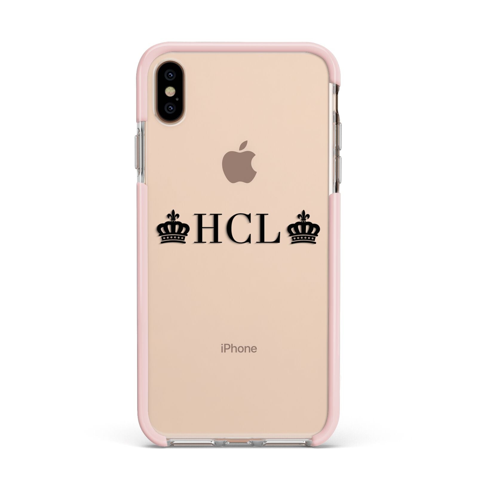 Personalised Black Initials 2 Crowns Clear Apple iPhone Xs Max Impact Case Pink Edge on Gold Phone