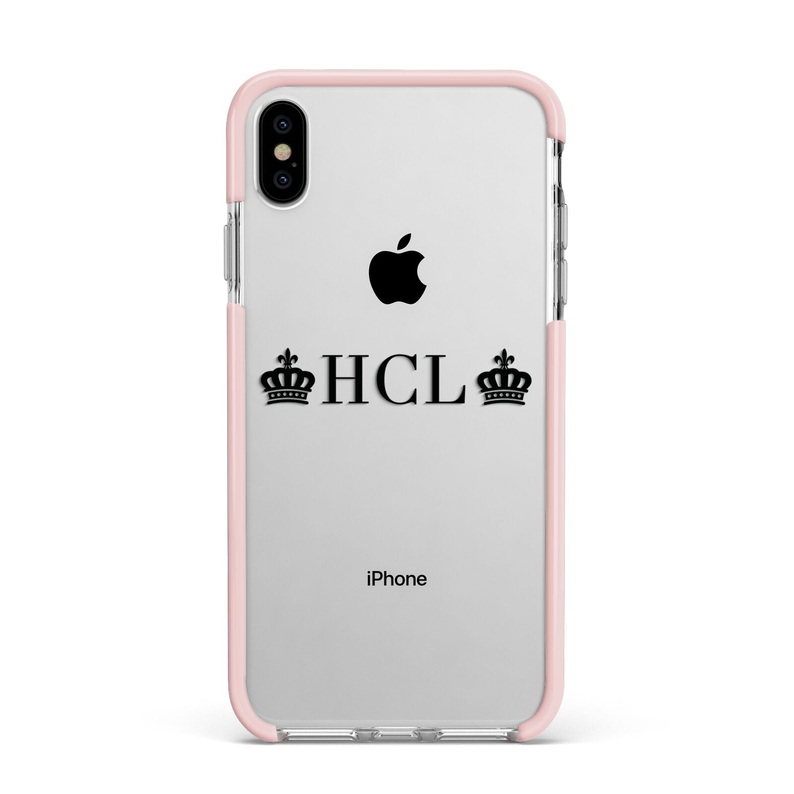 Personalised Black Initials 2 Crowns Clear Apple iPhone Xs Max Impact Case Pink Edge on Silver Phone