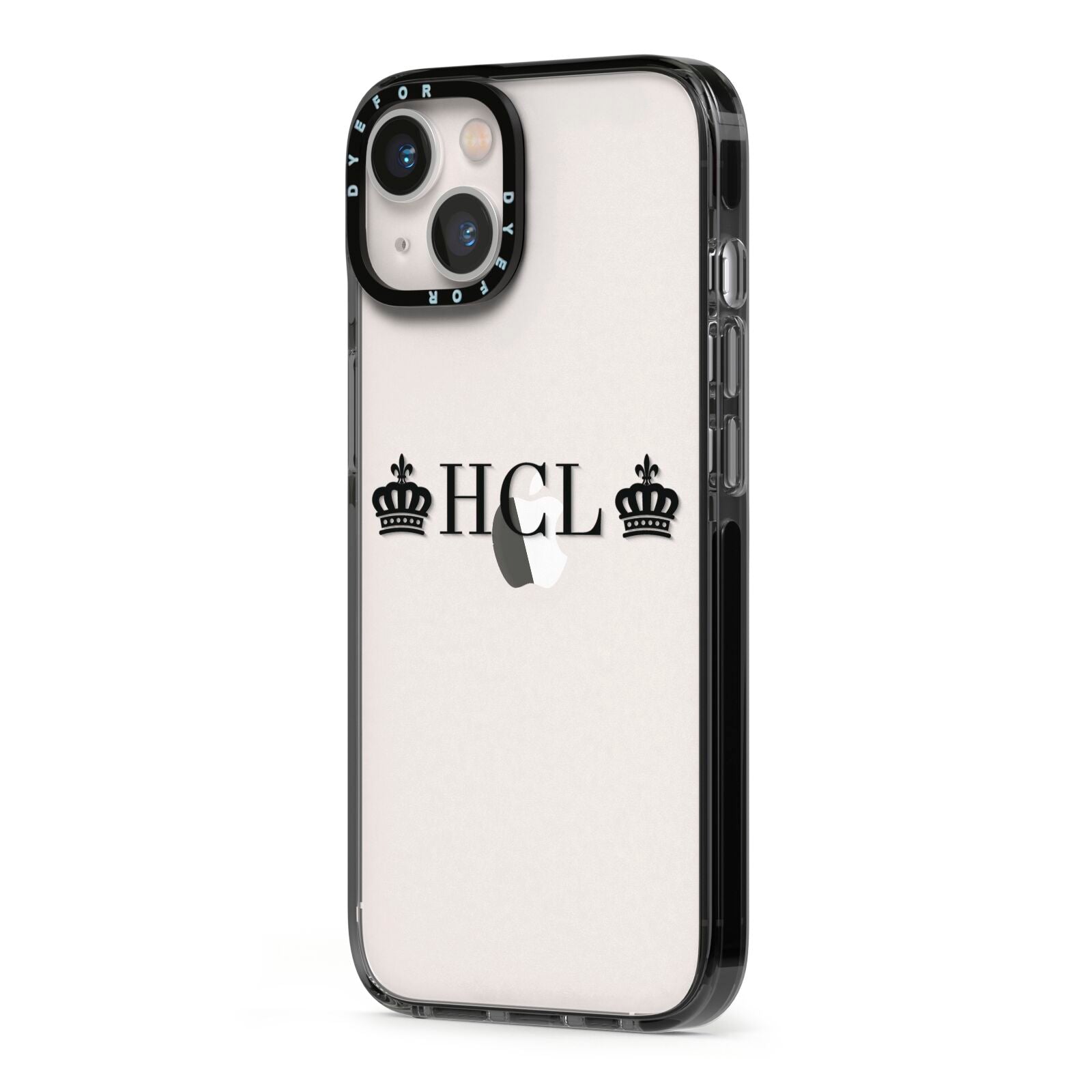 Personalised Black Initials 2 Crowns Clear iPhone 13 Black Impact Case Side Angle on Silver phone