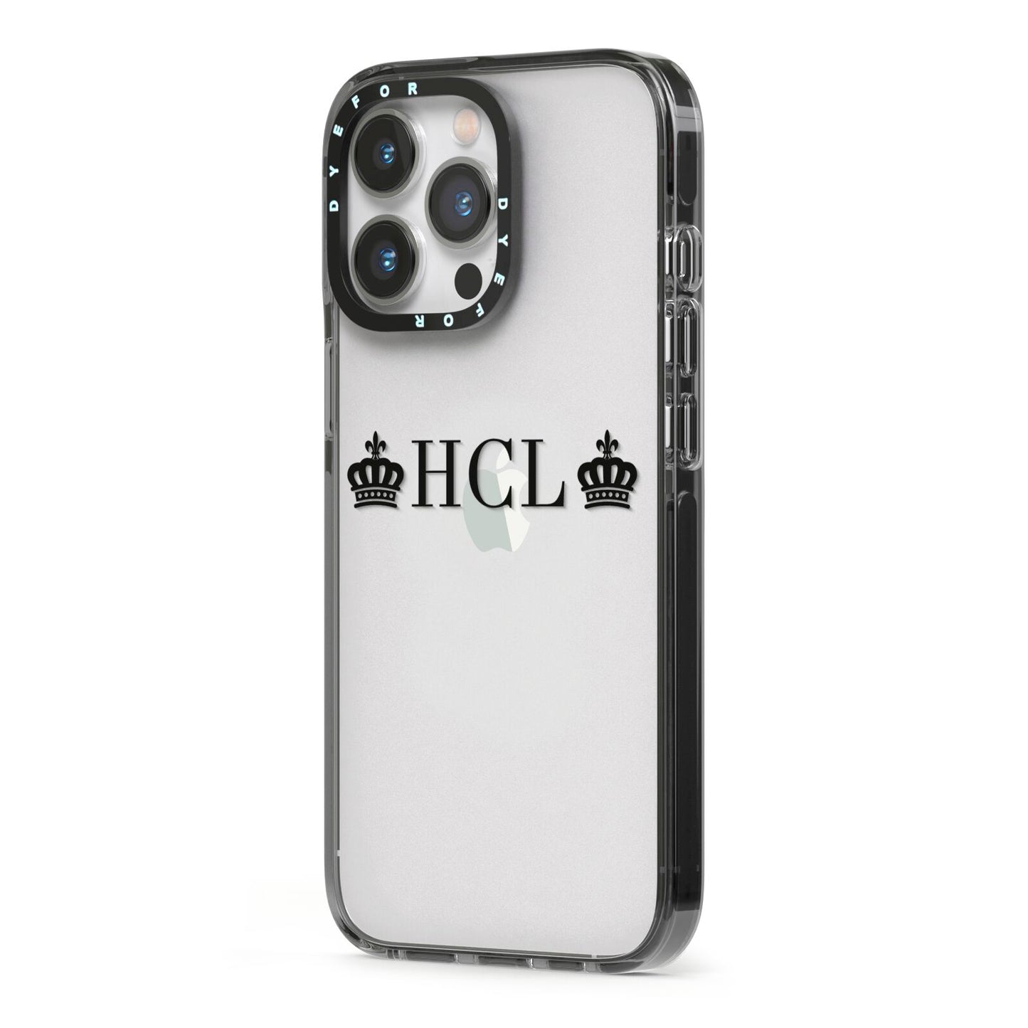 Personalised Black Initials 2 Crowns Clear iPhone 13 Pro Black Impact Case Side Angle on Silver phone