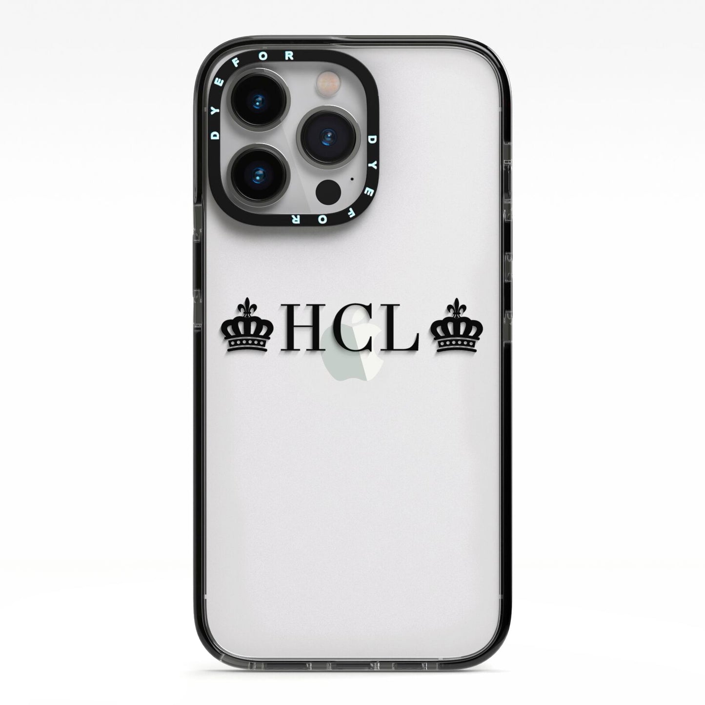 Personalised Black Initials 2 Crowns Clear iPhone 13 Pro Black Impact Case on Silver phone