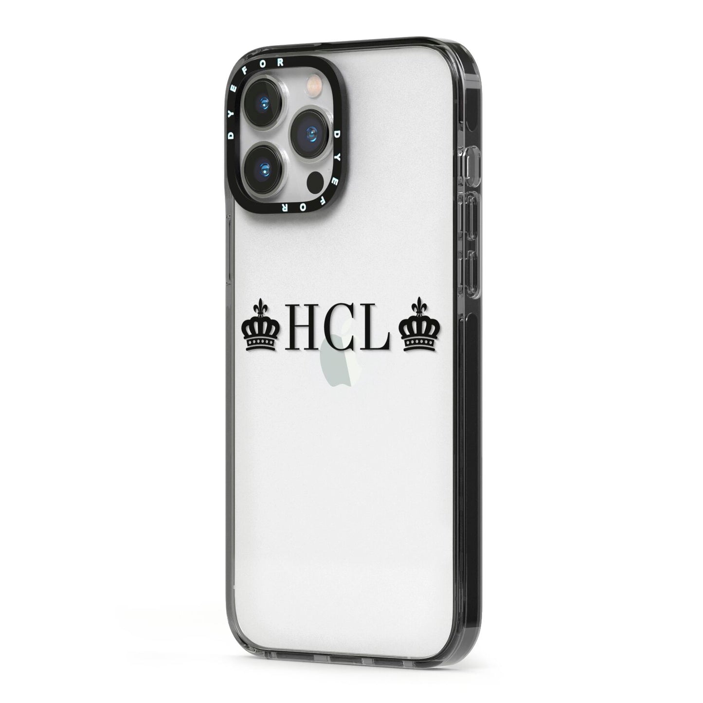 Personalised Black Initials 2 Crowns Clear iPhone 13 Pro Max Black Impact Case Side Angle on Silver phone