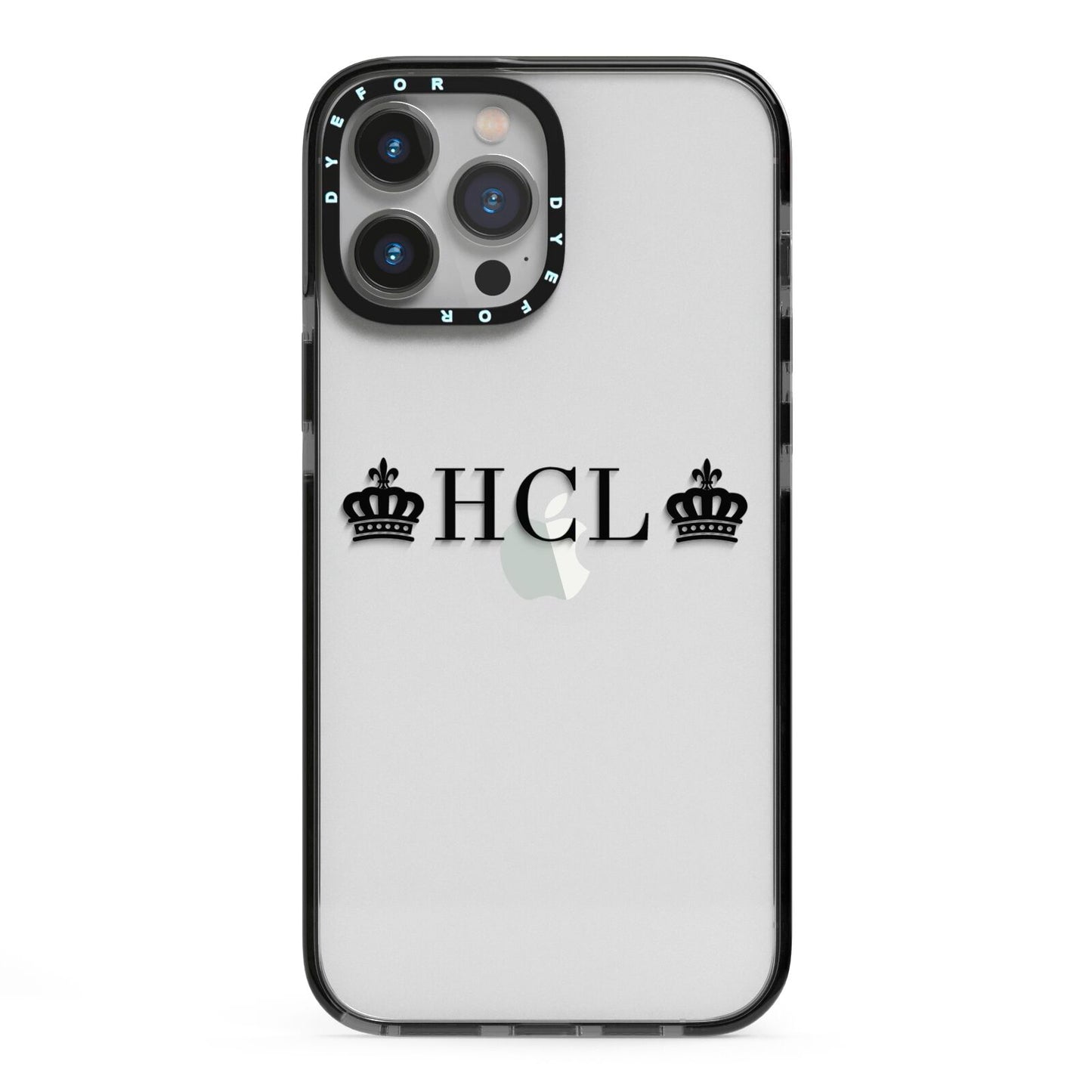 Personalised Black Initials 2 Crowns Clear iPhone 13 Pro Max Black Impact Case on Silver phone