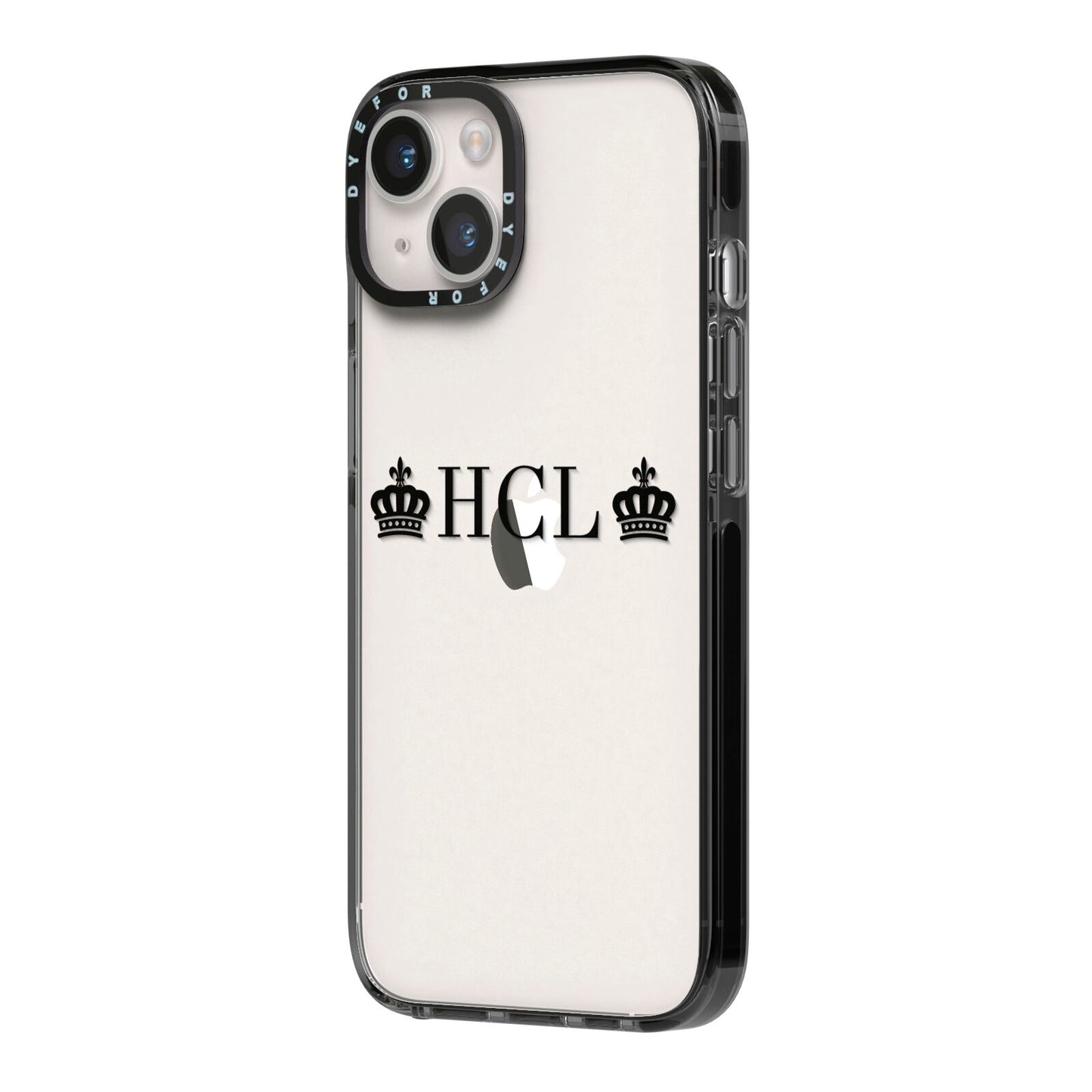 Personalised Black Initials 2 Crowns Clear iPhone 14 Black Impact Case Side Angle on Silver phone