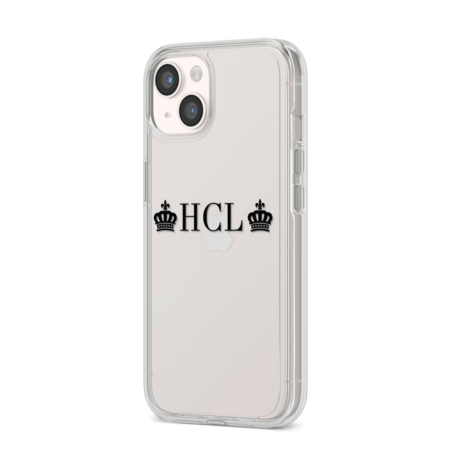 Personalised Black Initials 2 Crowns Clear iPhone 14 Clear Tough Case Starlight Angled Image