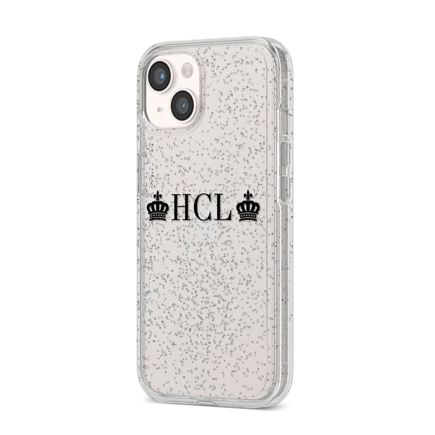 Personalised Black Initials 2 Crowns Clear iPhone 14 Glitter Tough Case Starlight Angled Image