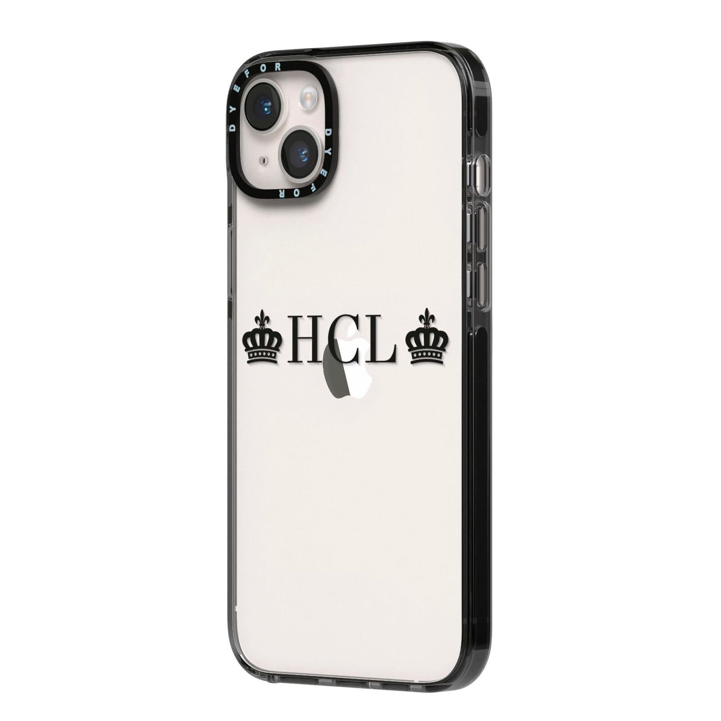 Personalised Black Initials 2 Crowns Clear iPhone 14 Plus Black Impact Case Side Angle on Silver phone