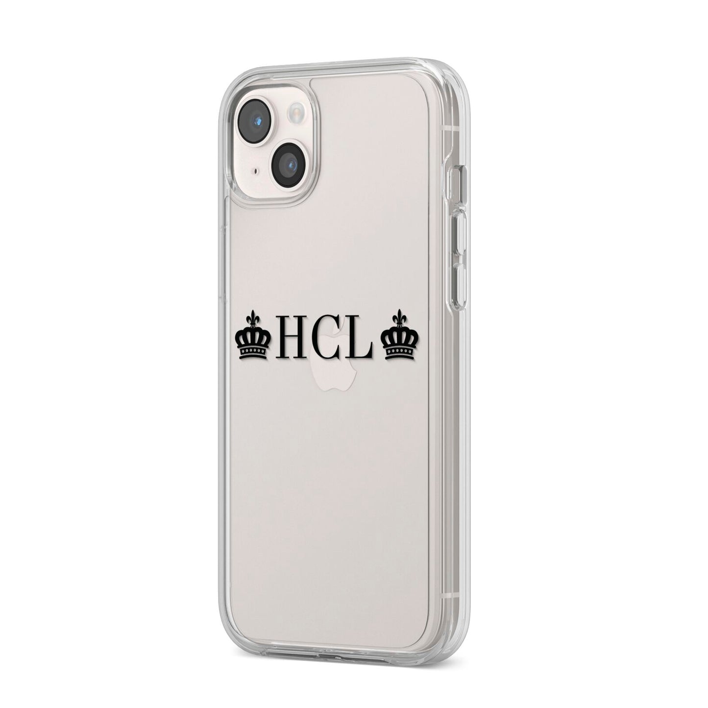 Personalised Black Initials 2 Crowns Clear iPhone 14 Plus Clear Tough Case Starlight Angled Image