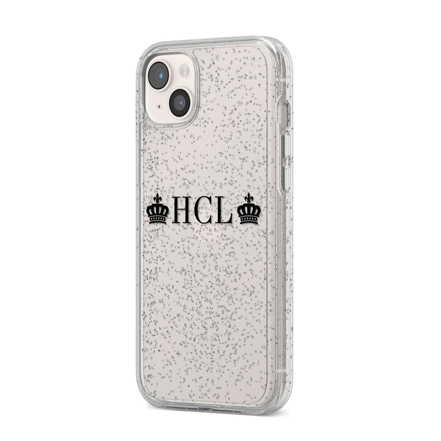 Personalised Black Initials 2 Crowns Clear iPhone 14 Plus Glitter Tough Case Starlight Angled Image