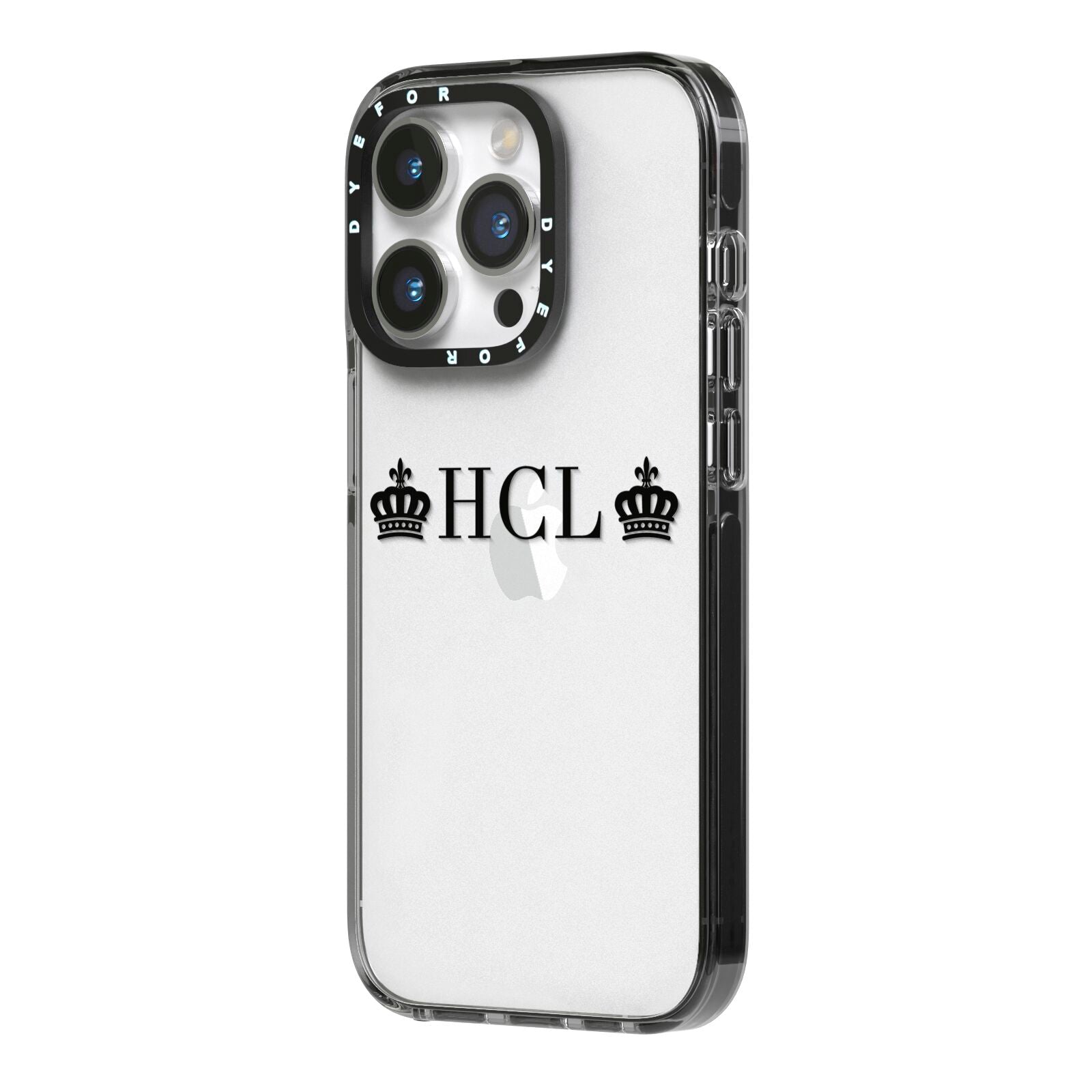 Personalised Black Initials 2 Crowns Clear iPhone 14 Pro Black Impact Case Side Angle on Silver phone