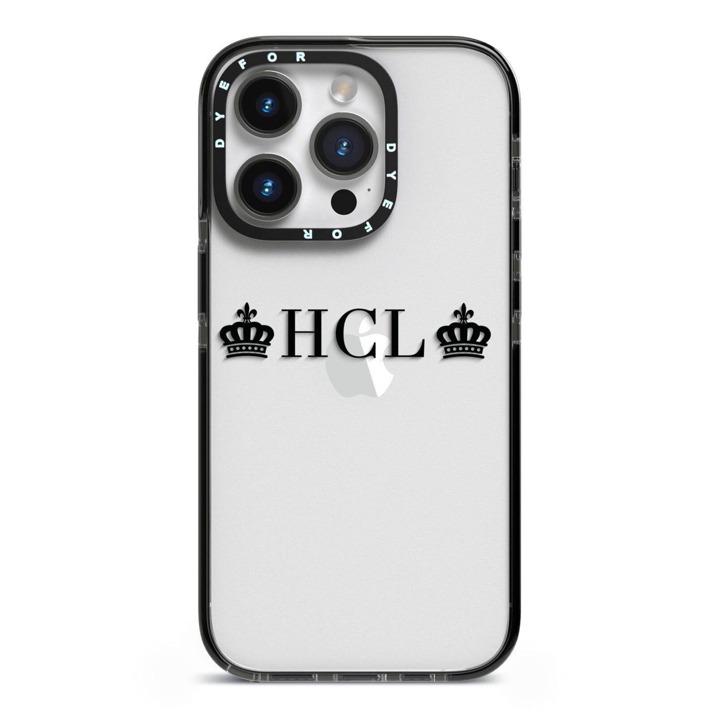 Personalised Black Initials 2 Crowns Clear iPhone 14 Pro Black Impact Case on Silver phone