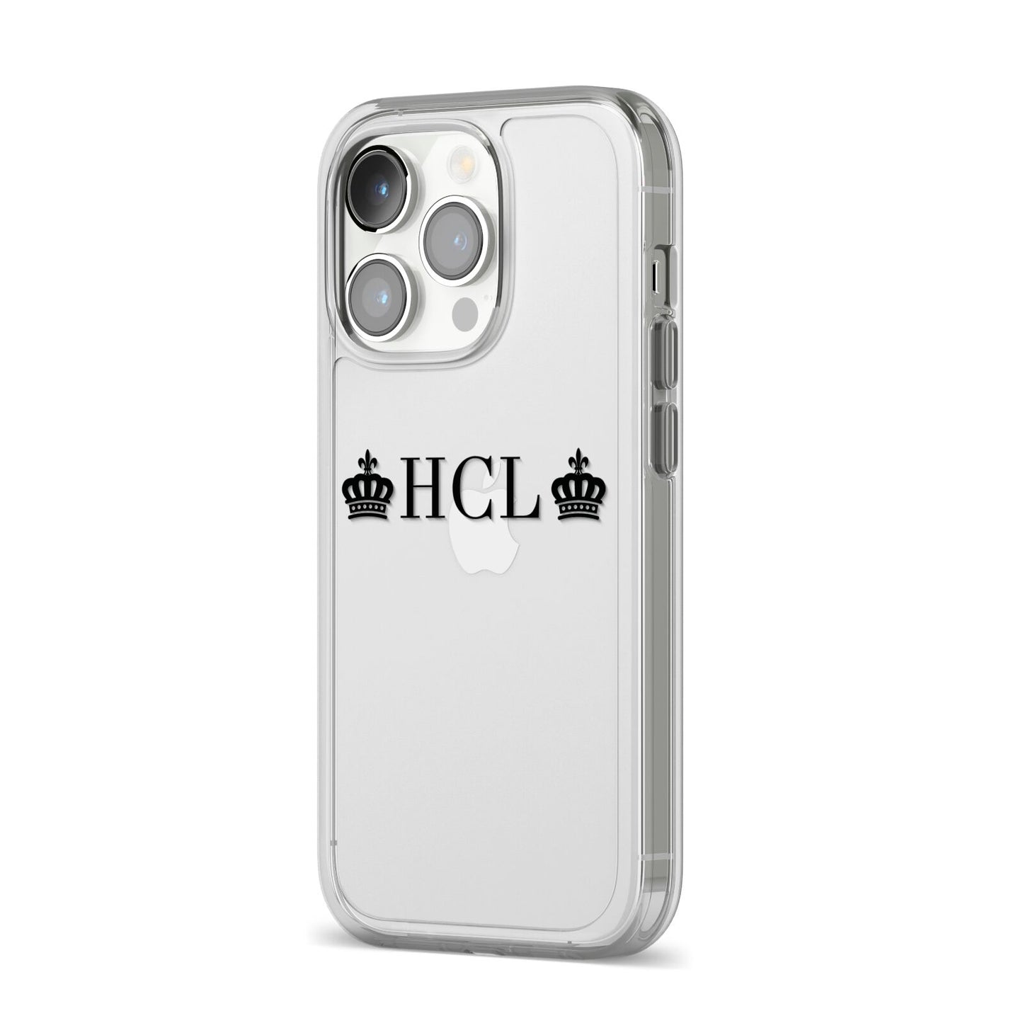 Personalised Black Initials 2 Crowns Clear iPhone 14 Pro Clear Tough Case Silver Angled Image