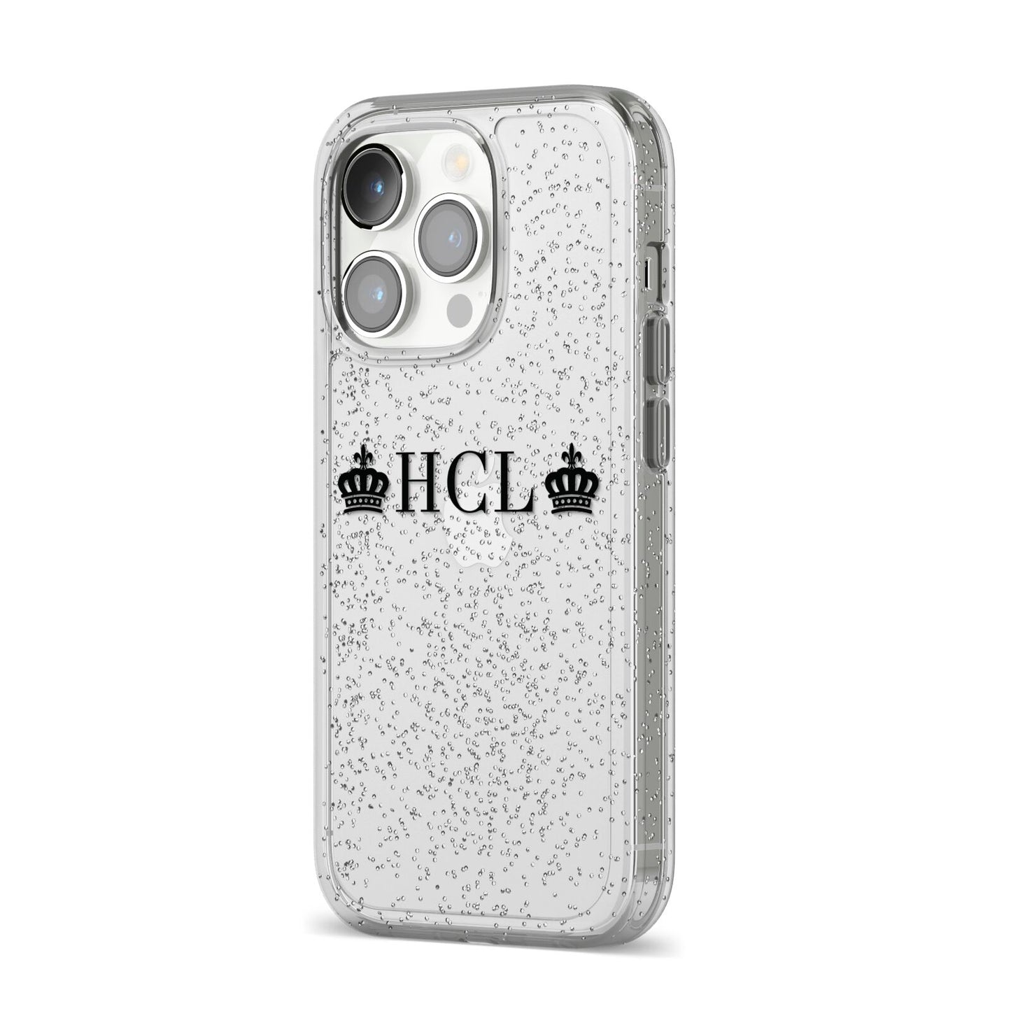 Personalised Black Initials 2 Crowns Clear iPhone 14 Pro Glitter Tough Case Silver Angled Image