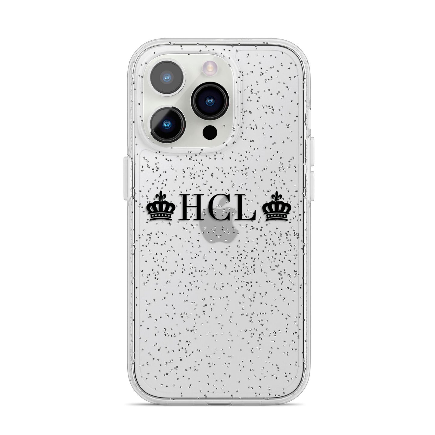 Personalised Black Initials 2 Crowns Clear iPhone 14 Pro Glitter Tough Case Silver