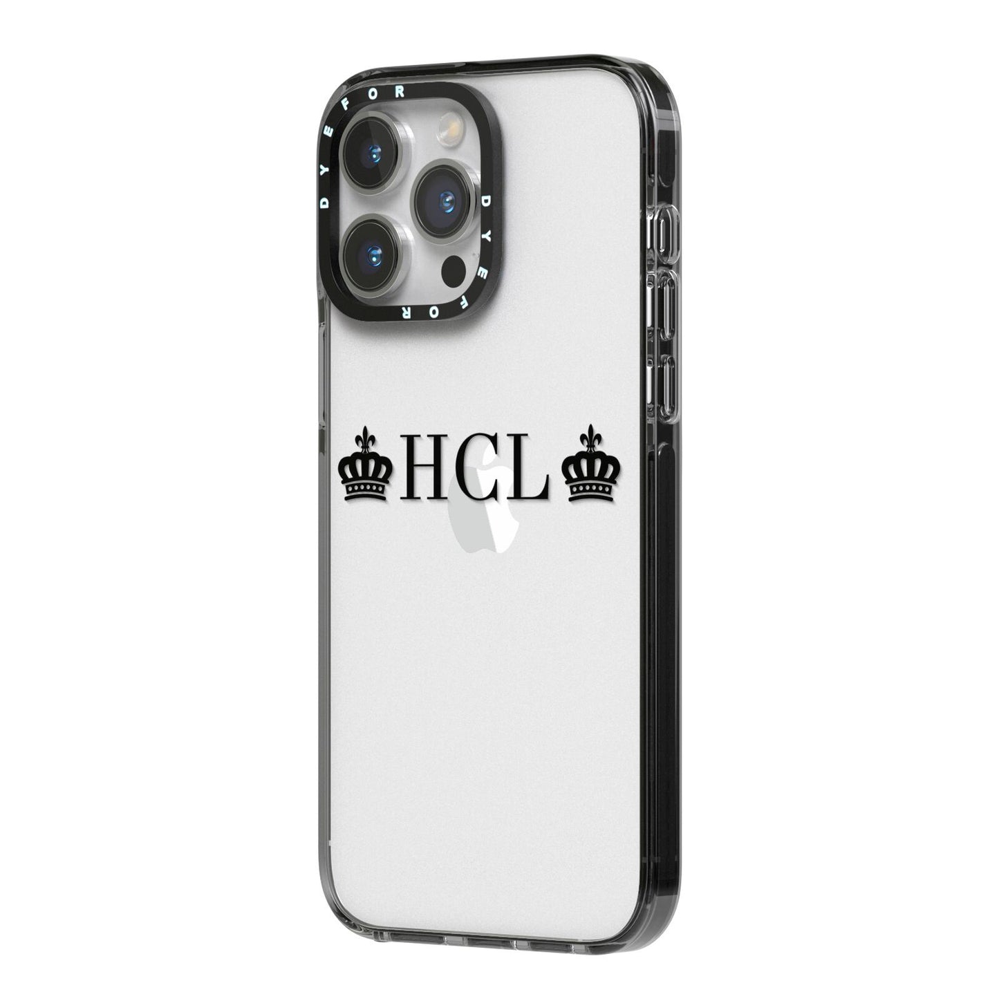 Personalised Black Initials 2 Crowns Clear iPhone 14 Pro Max Black Impact Case Side Angle on Silver phone