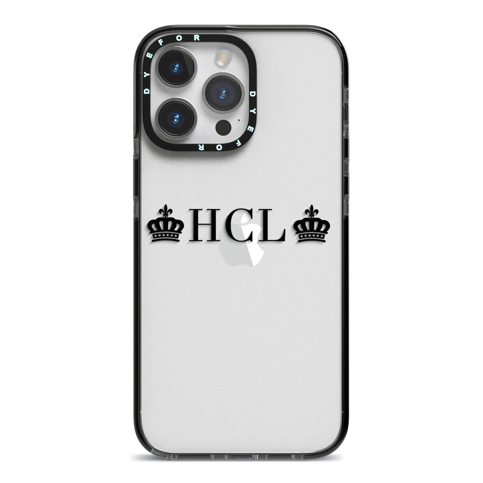 Personalised Black Initials 2 Crowns Clear iPhone 14 Pro Max Black Impact Case on Silver phone