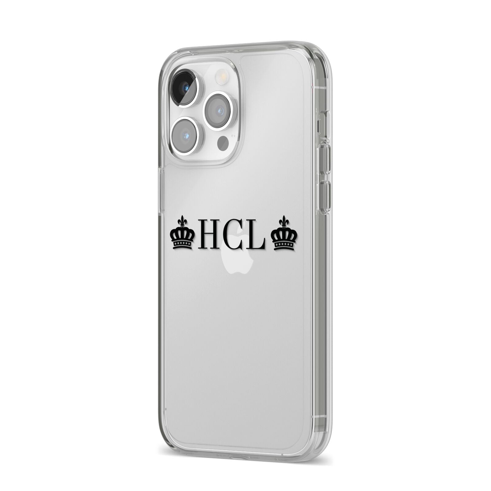 Personalised Black Initials 2 Crowns Clear iPhone 14 Pro Max Clear Tough Case Silver Angled Image