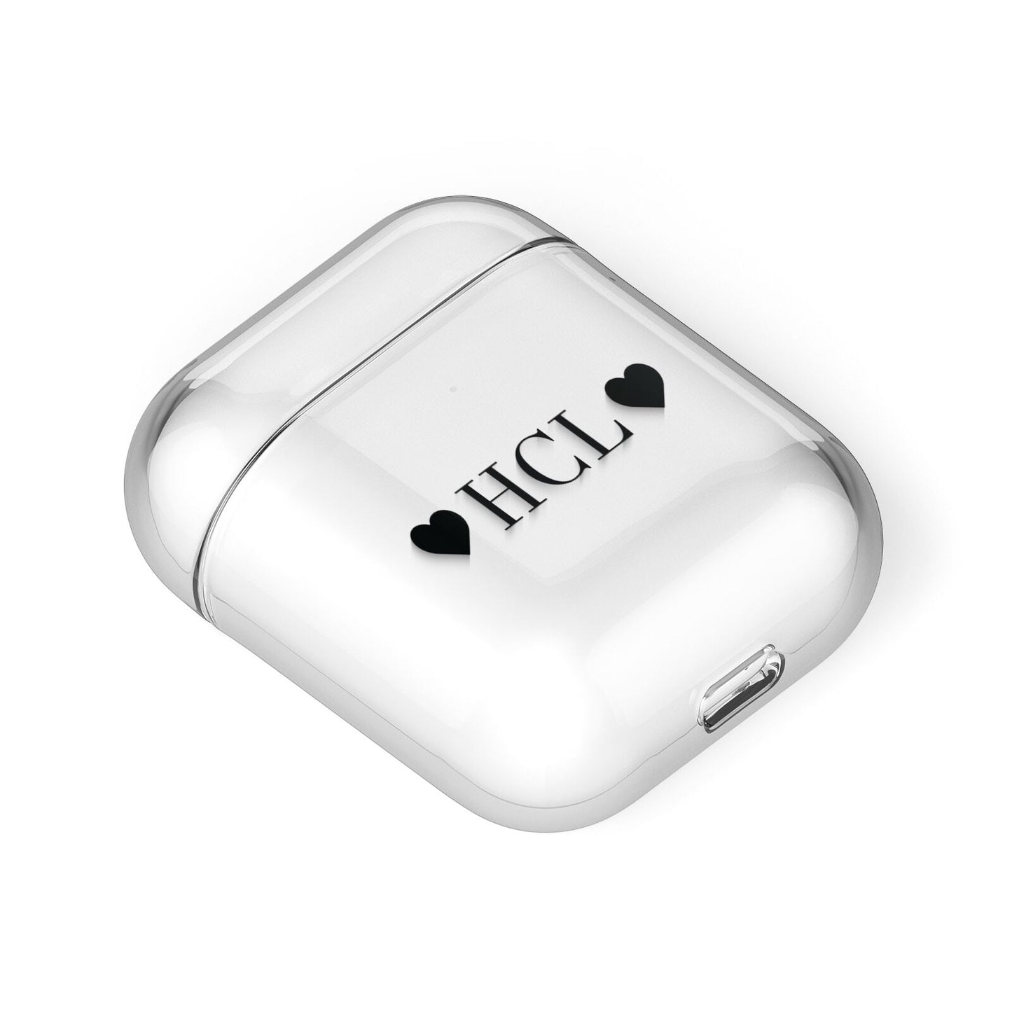 Personalised Black Initials 2 Hearts Clear AirPods Case Laid Flat