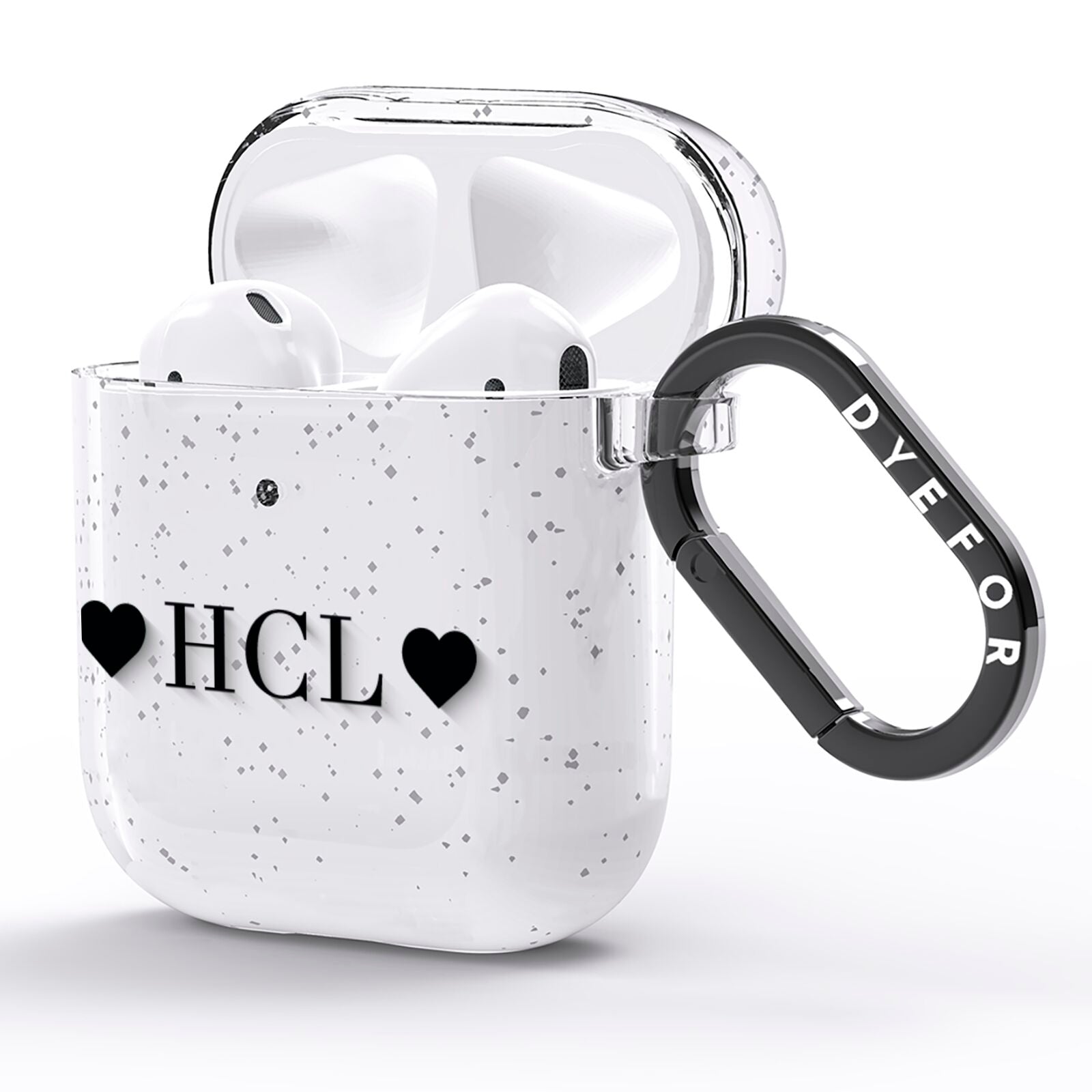 Personalised Black Initials 2 Hearts Clear AirPods Glitter Case Side Image