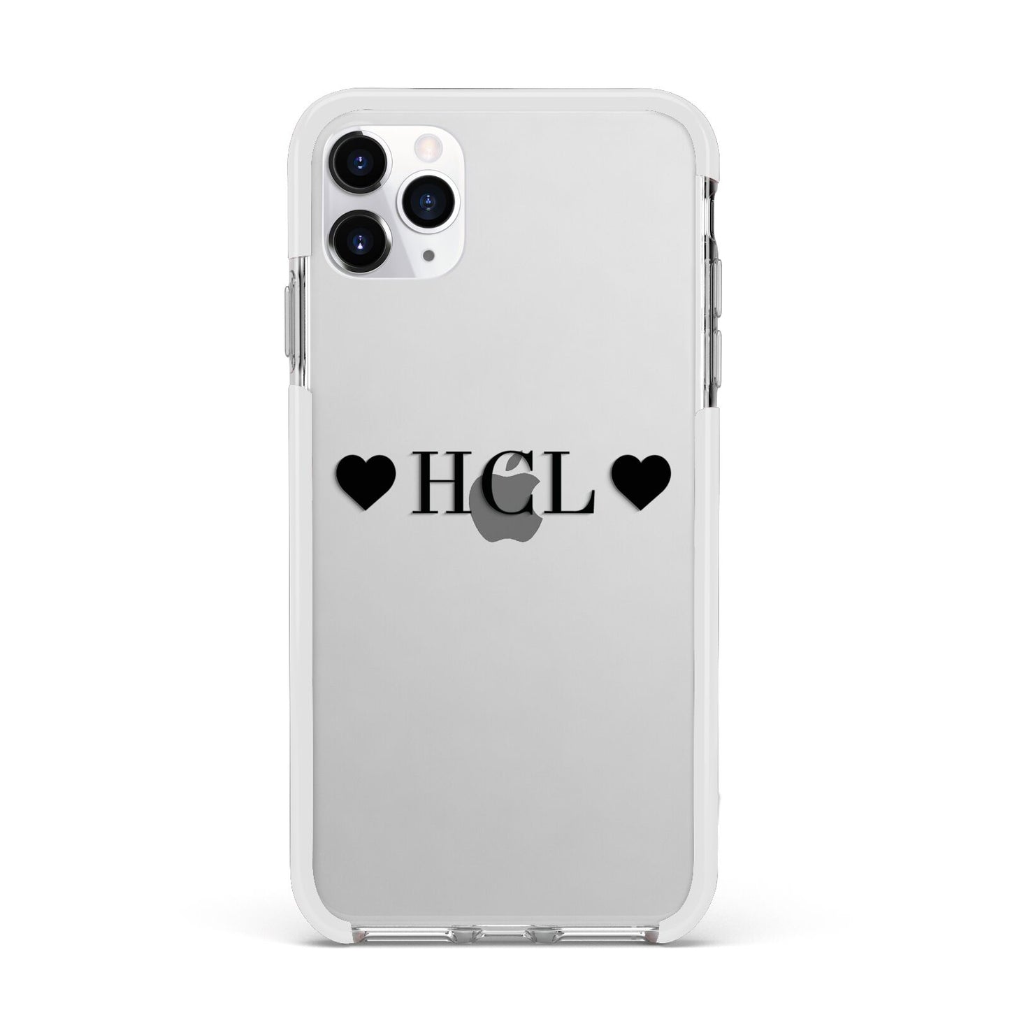 Personalised Black Initials 2 Hearts Clear Apple iPhone 11 Pro Max in Silver with White Impact Case