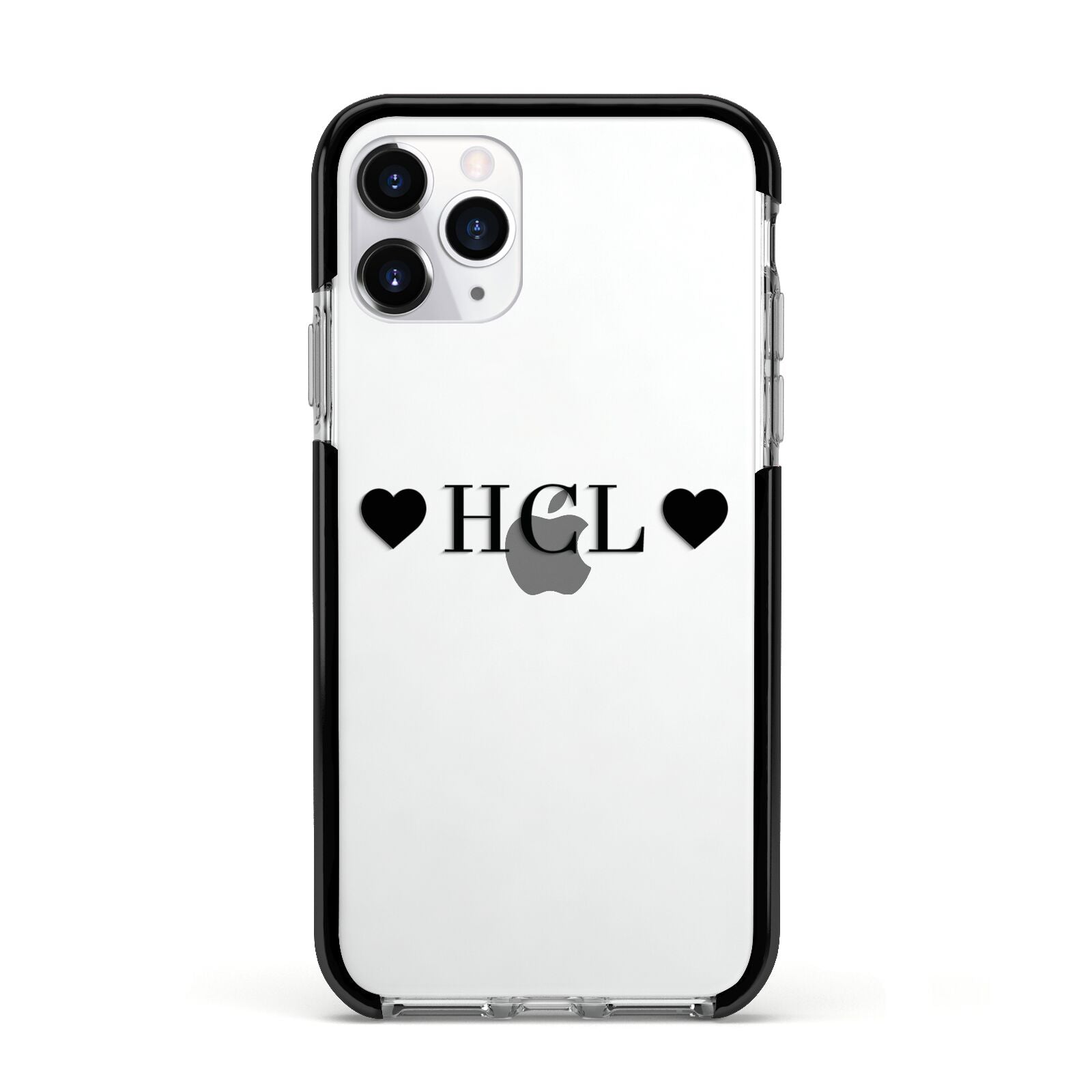 Personalised Black Initials 2 Hearts Clear Apple iPhone 11 Pro in Silver with Black Impact Case