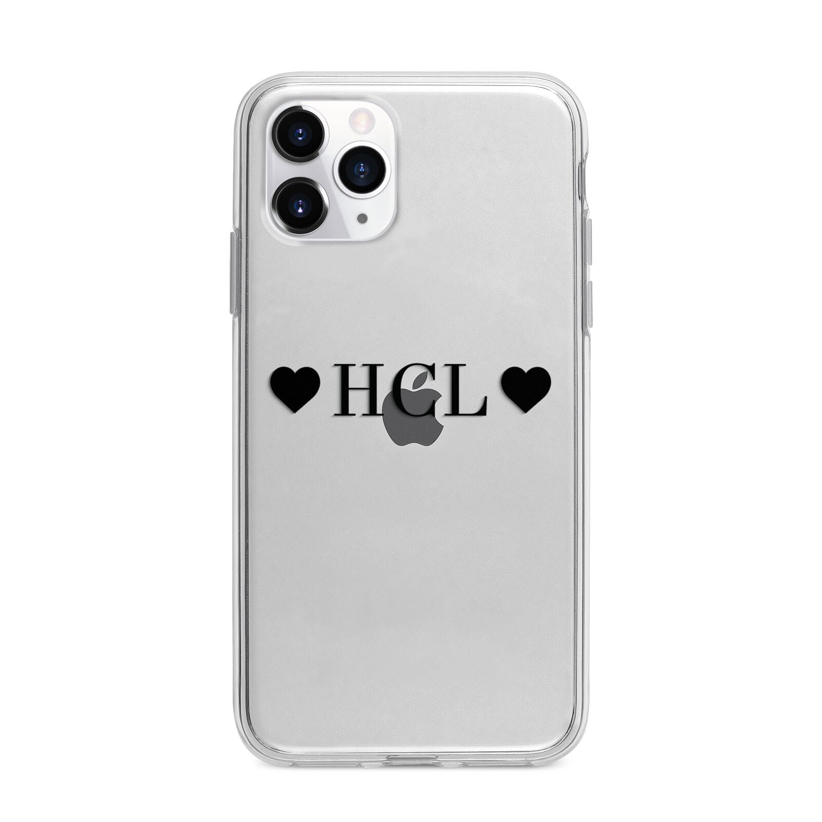 Personalised Black Initials 2 Hearts Clear Apple iPhone 11 Pro in Silver with Bumper Case