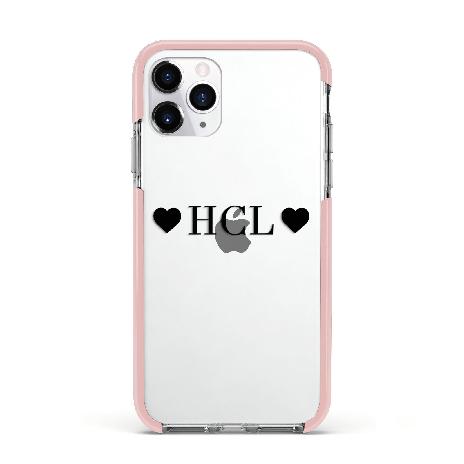 Personalised Black Initials 2 Hearts Clear Apple iPhone 11 Pro in Silver with Pink Impact Case