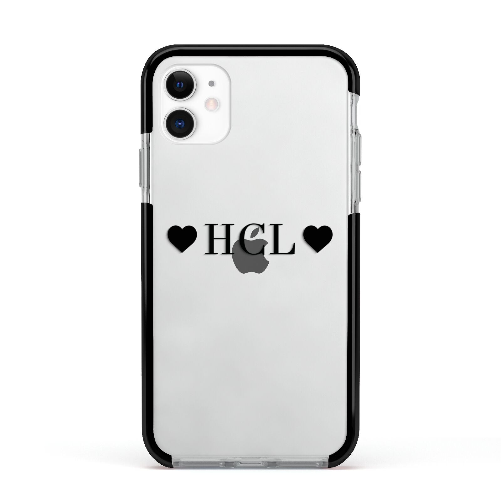 Personalised Black Initials 2 Hearts Clear Apple iPhone 11 in White with Black Impact Case