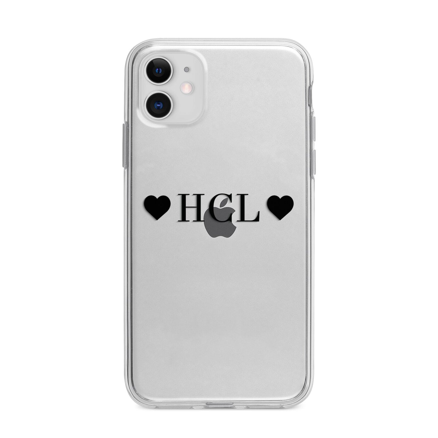 Personalised Black Initials 2 Hearts Clear Apple iPhone 11 in White with Bumper Case