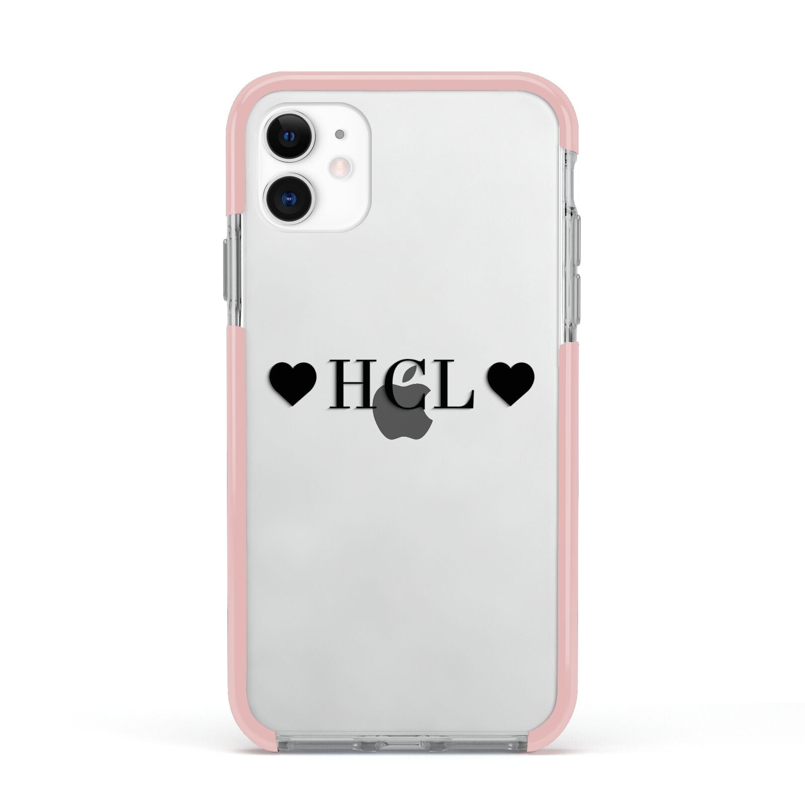 Personalised Black Initials 2 Hearts Clear Apple iPhone 11 in White with Pink Impact Case