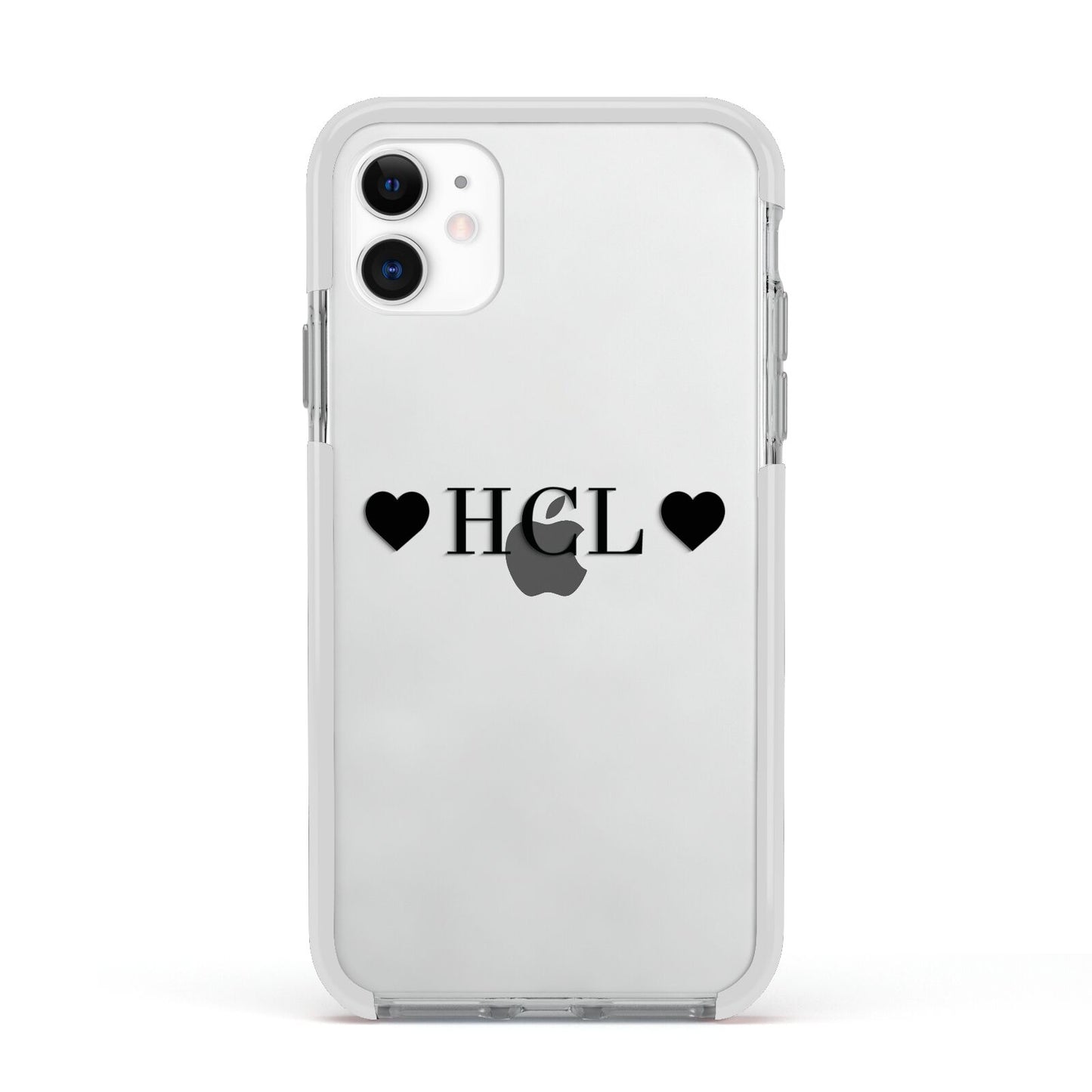 Personalised Black Initials 2 Hearts Clear Apple iPhone 11 in White with White Impact Case