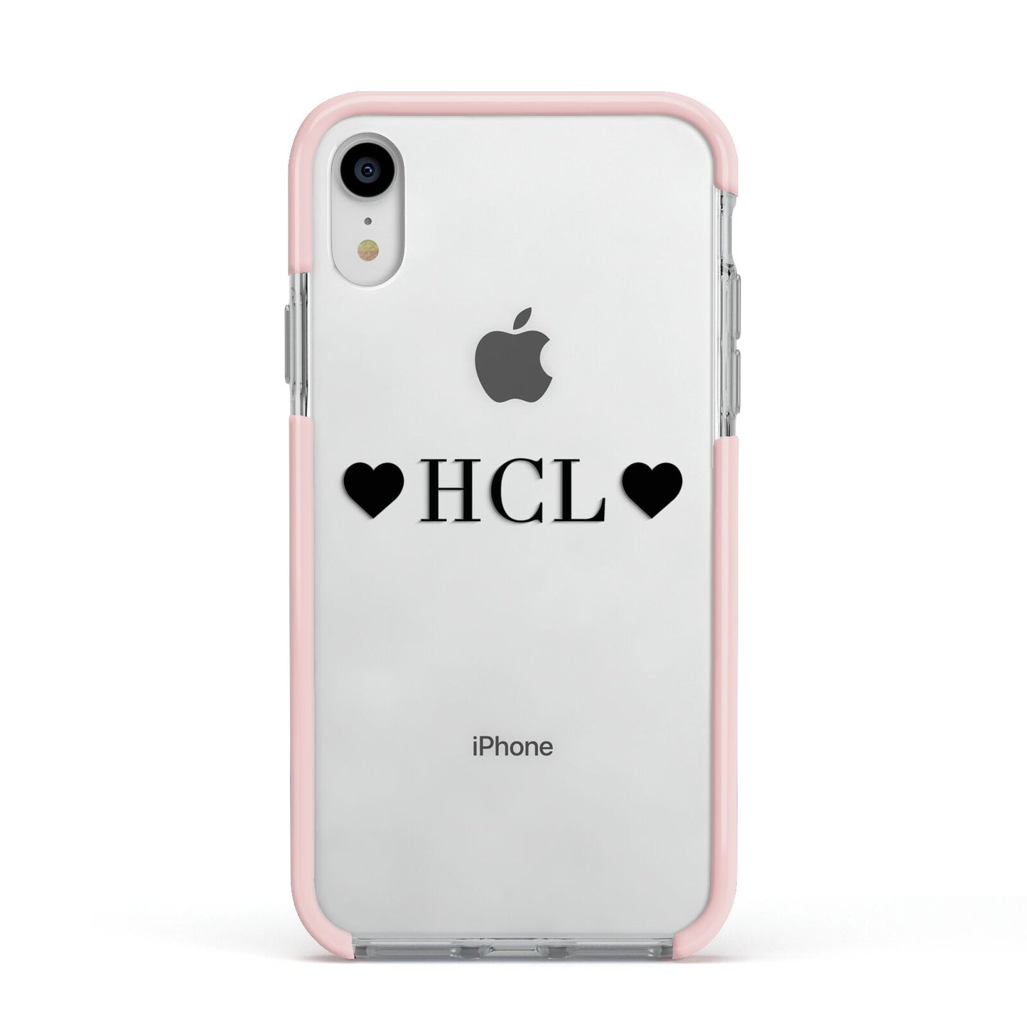 Personalised Black Initials 2 Hearts Clear Apple iPhone XR Impact Case Pink Edge on Silver Phone