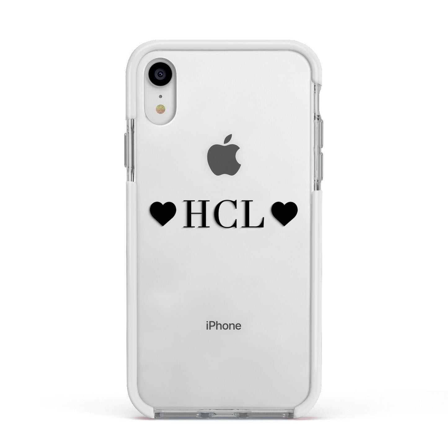 Personalised Black Initials 2 Hearts Clear Apple iPhone XR Impact Case White Edge on Silver Phone