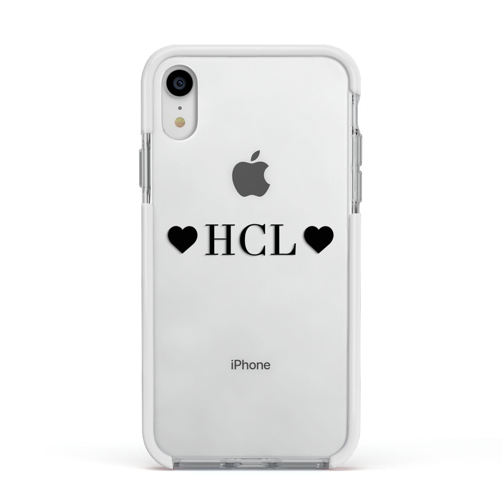 Personalised Black Initials 2 Hearts Clear Apple iPhone XR Impact Case White Edge on Silver Phone