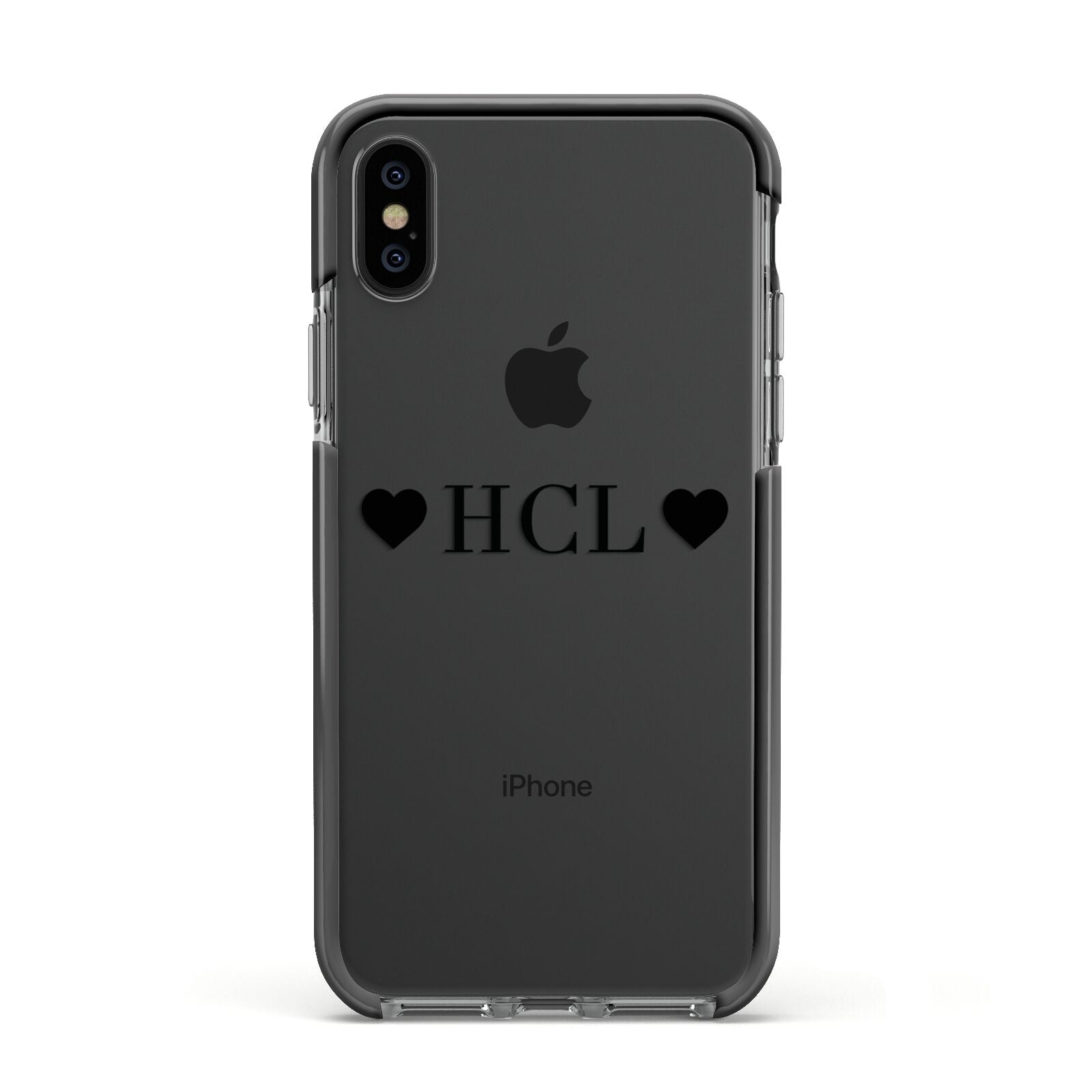 Personalised Black Initials 2 Hearts Clear Apple iPhone Xs Impact Case Black Edge on Black Phone